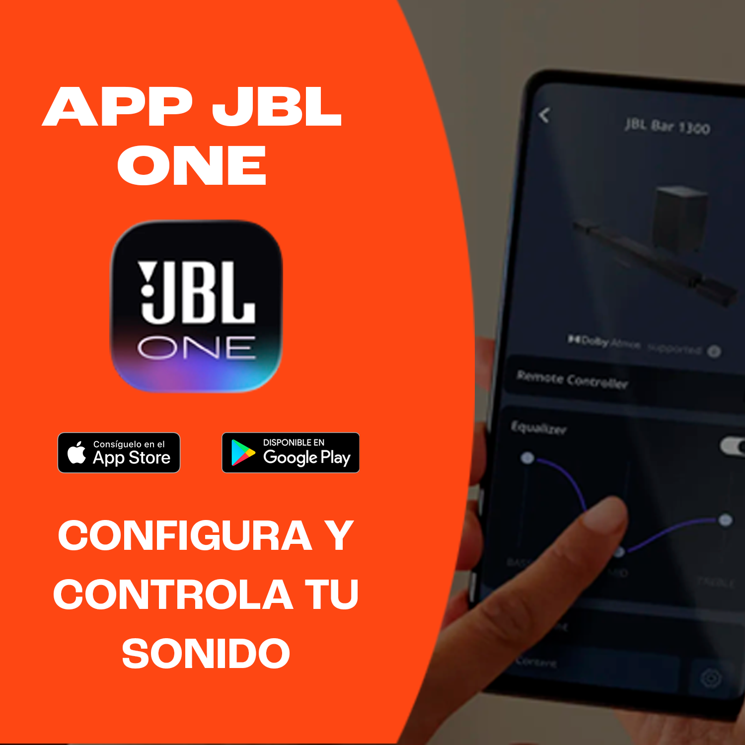 Logotipo de la aplicación con texto: Configura y controla tu sonido. Botones de descarga.