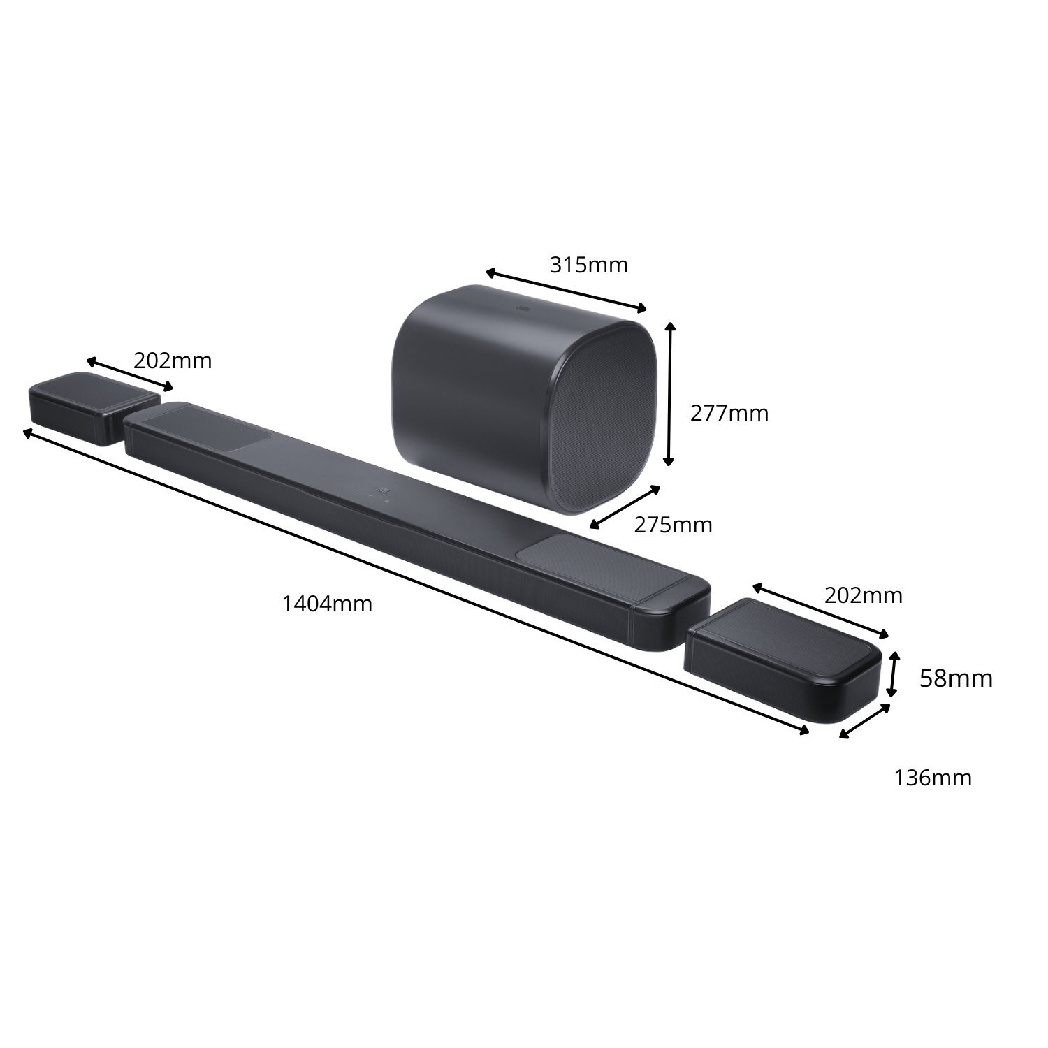 Barra de sonido negra con subwoofer y altavoces desmontables, se muestran las dimensiones.