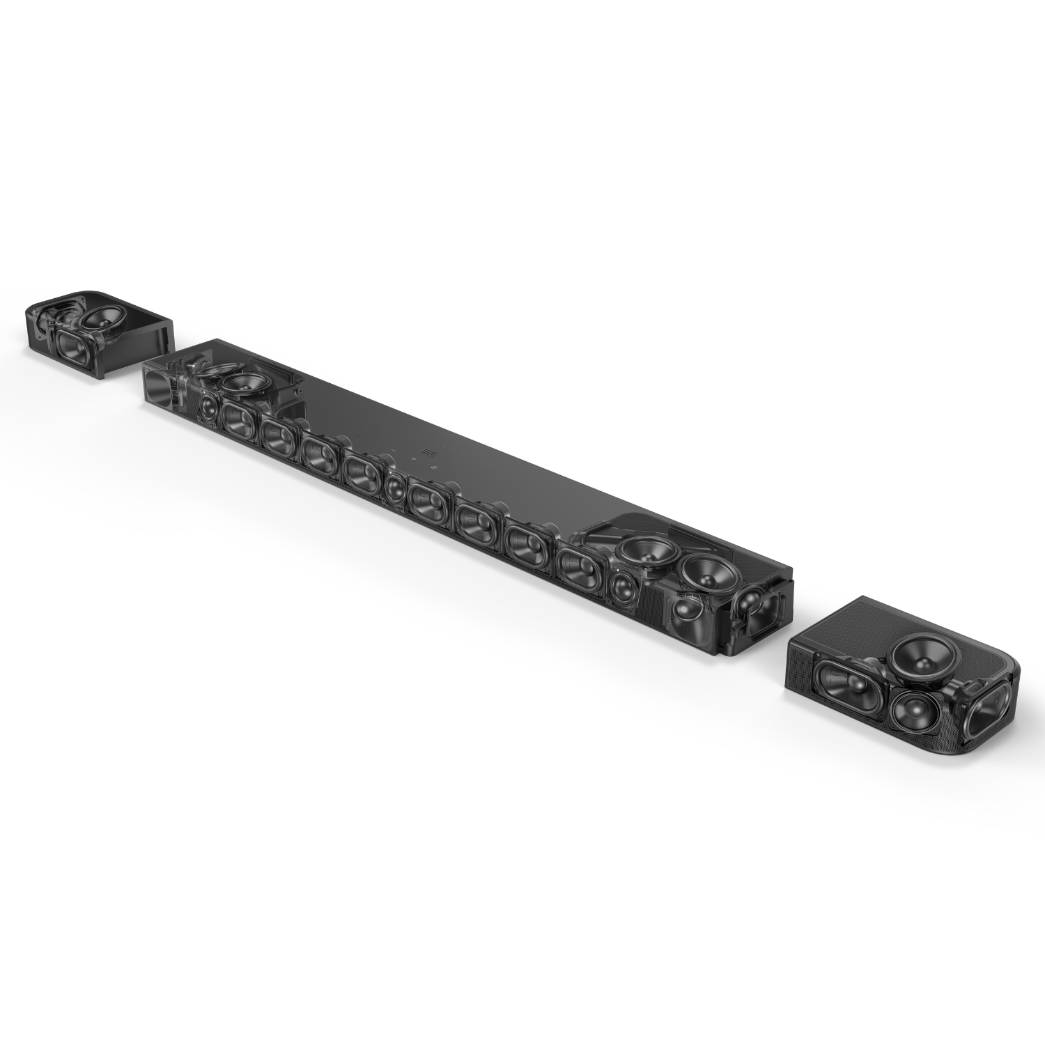Sistema de sonido negro con altavoces desmontables y drivers visibles.