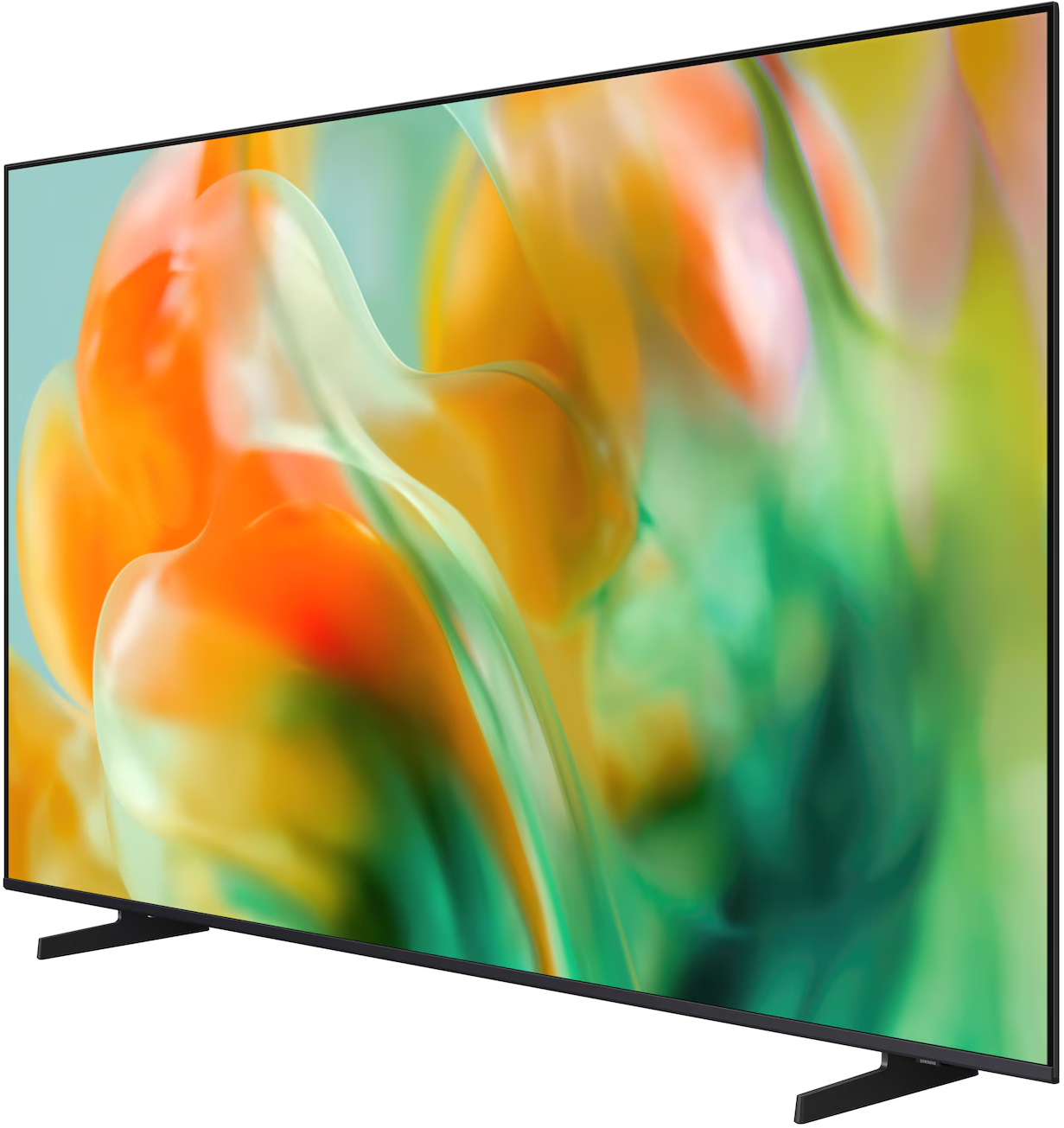 Egy modern fekete televízió színes, absztrakt képet jelenít meg a képernyőjén, fehér háttér előtt.