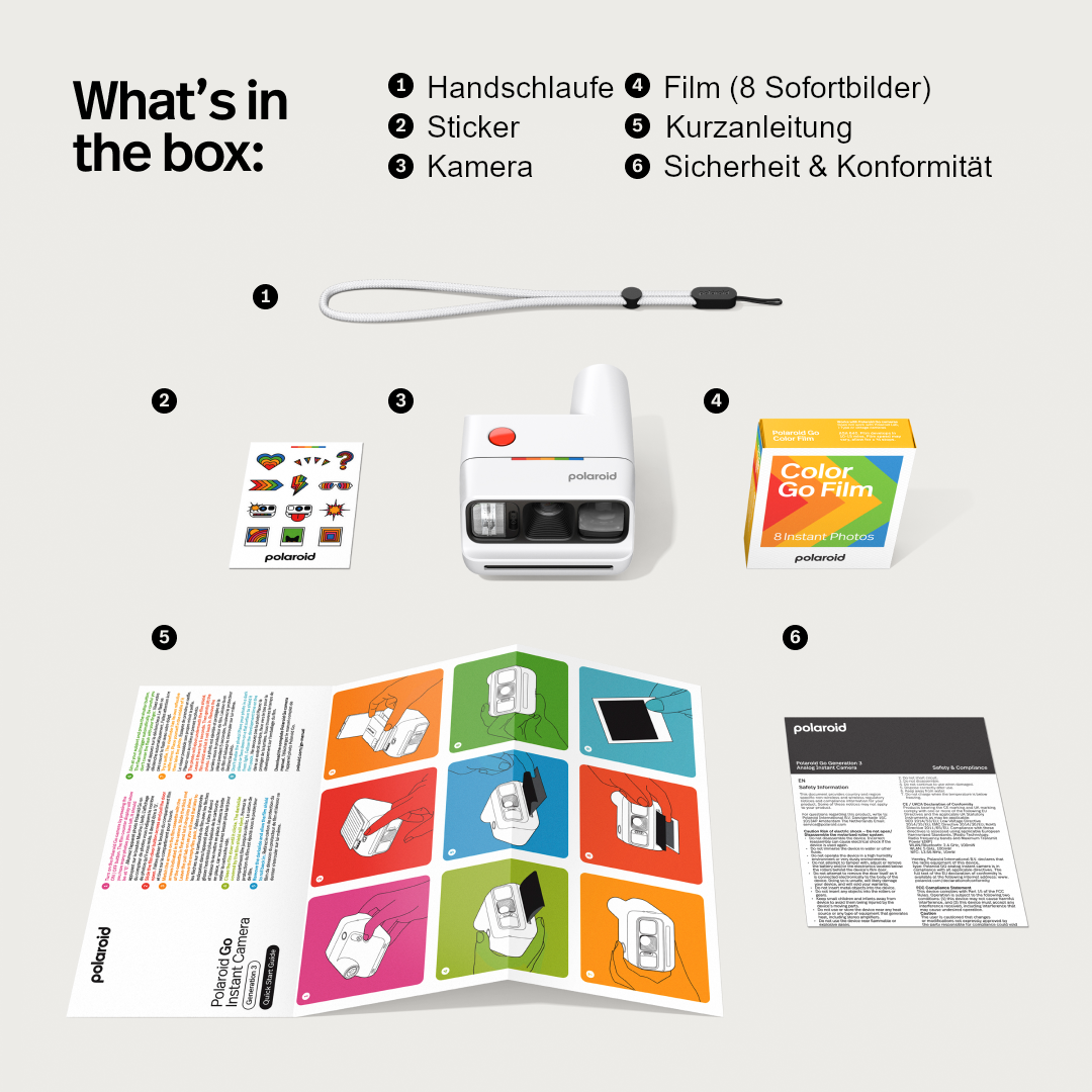 Inhalt einer Polaroid Go Box: Handschlaufe, Sticker, Kamera, Film, Anleitung, Sicherheitshinweise.