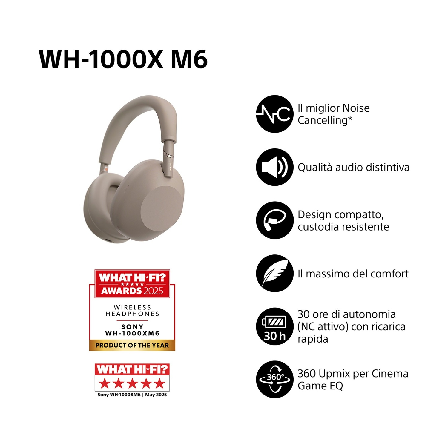 Cuffie Sony WH-1000XM6: cancellazione rumore, 30h batteria, audio 360.