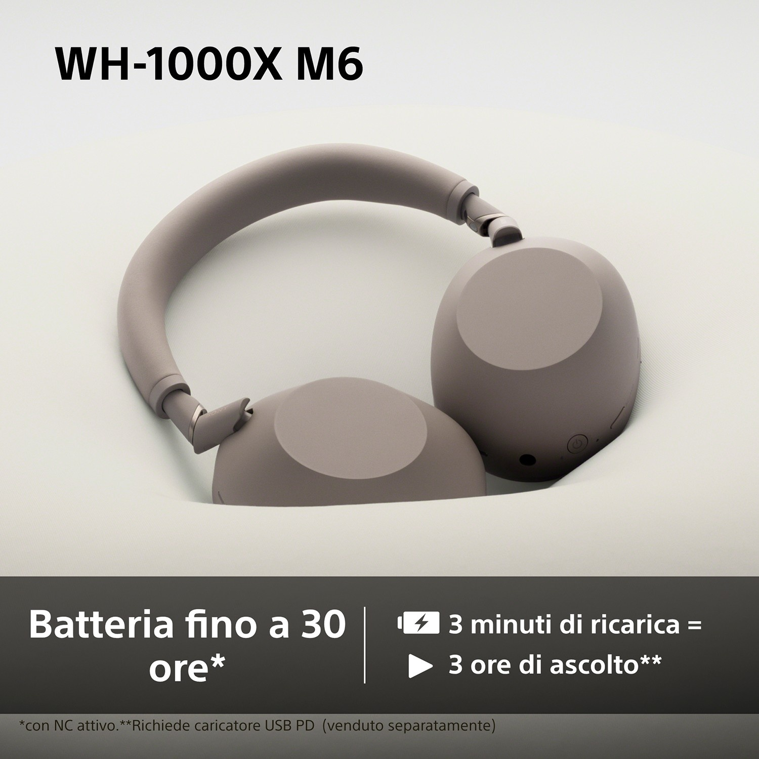 Cuffie grigie WH-1000XM6 su sfondo chiaro. 30 ore di batteria.
