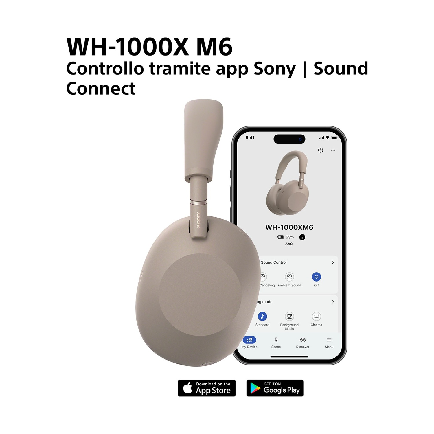 Cuffie Sony WH-1000XM6 beige e uno smartphone con l'app Sony Sound Control.
