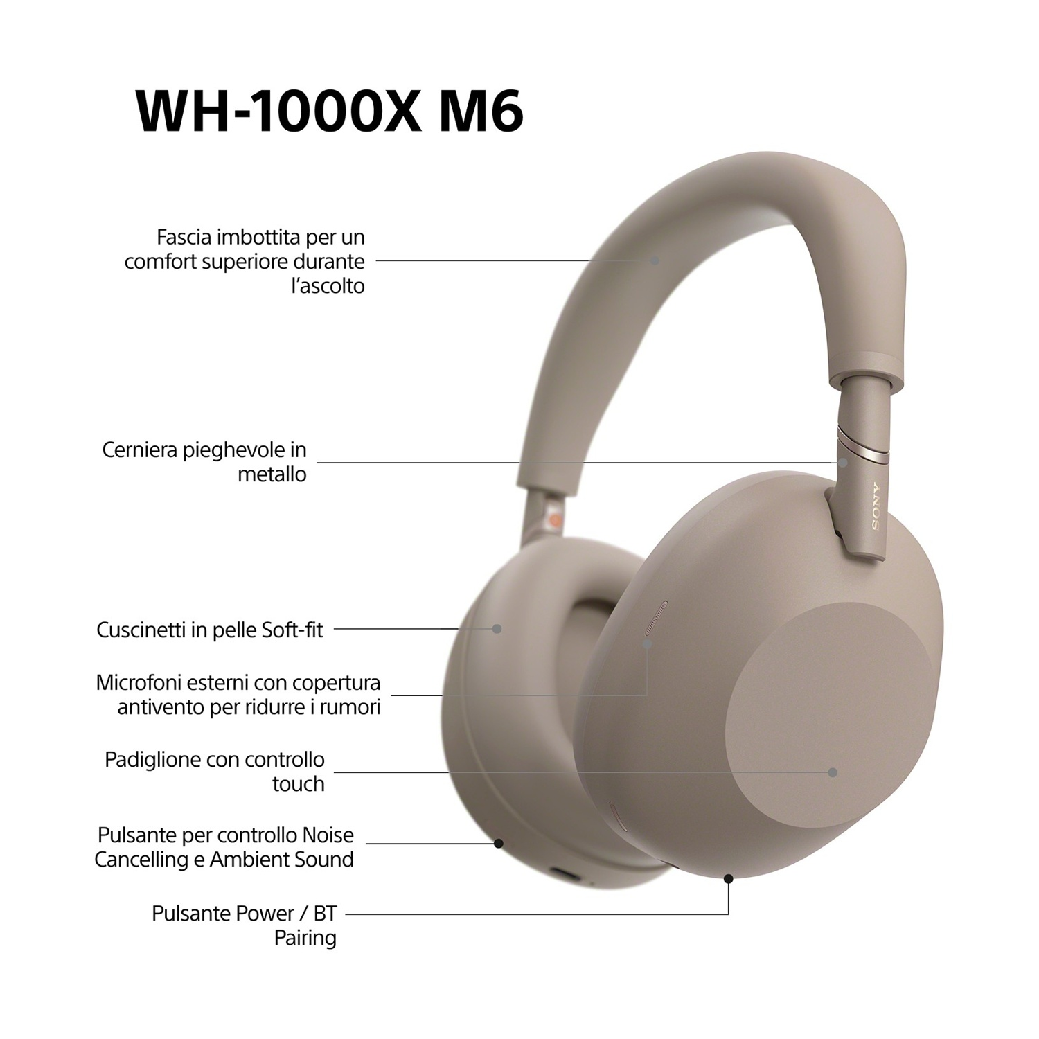 Cuffie Sony WH-1000XM6 grigie con archetto e padiglioni imbottiti.