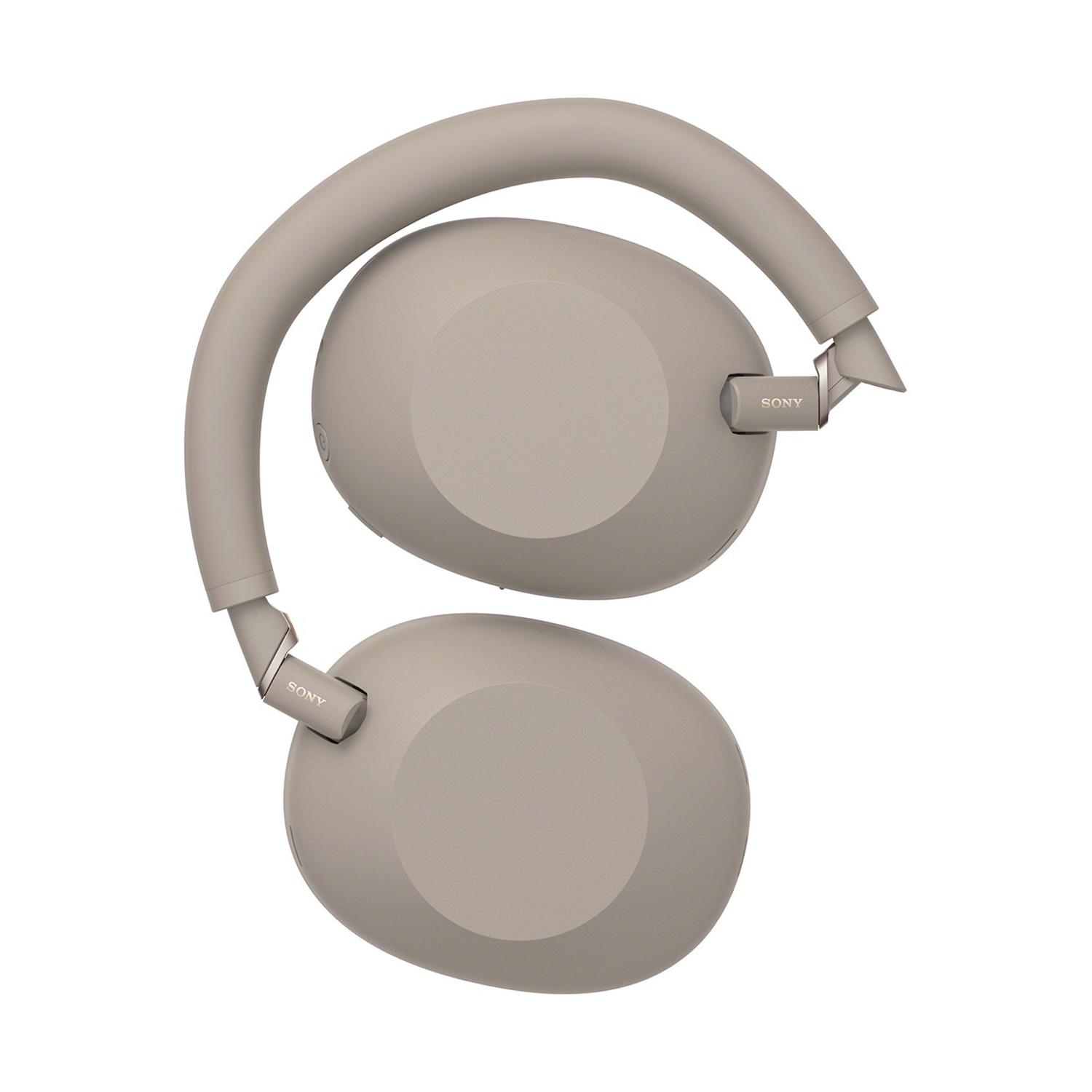 Un paio di cuffie Sony beige con archetto curvo, su sfondo bianco.