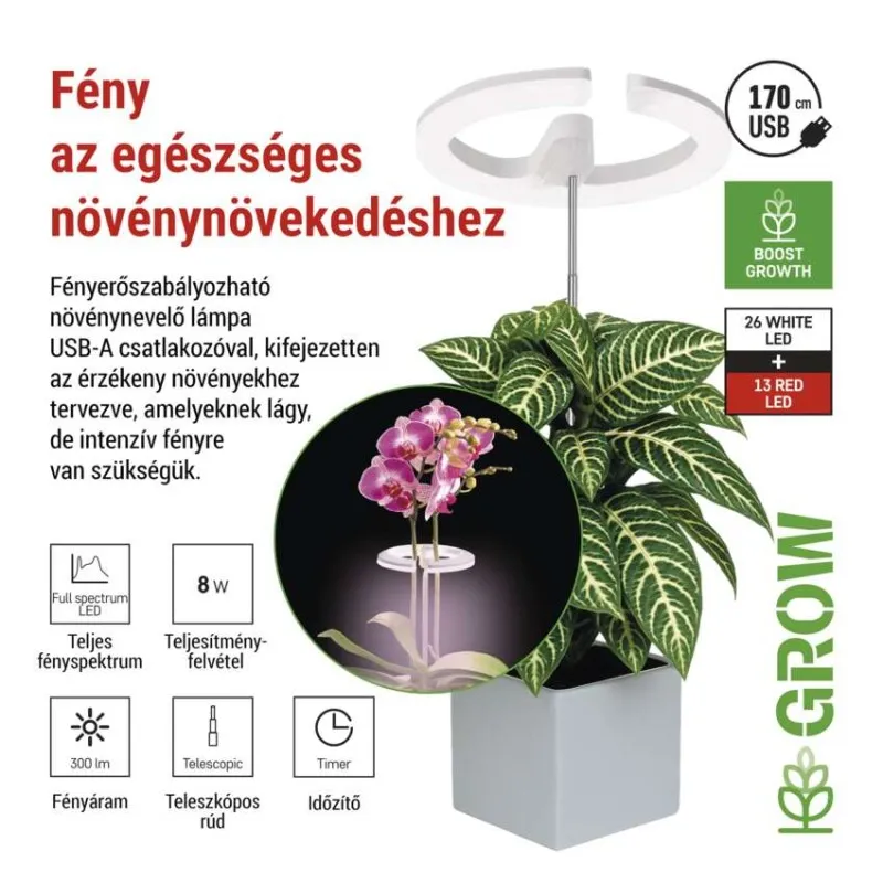 Növekedést segítő lámpa fehér és piros LED-del, teleszkópos állvánnyal és időzítővel.