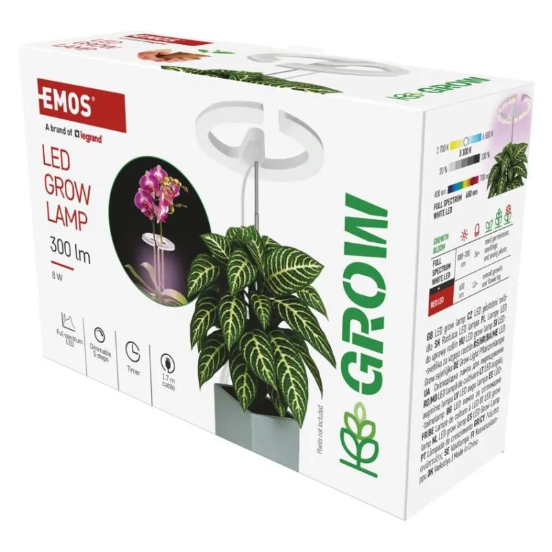 EMOS LED növekvő lámpa csomagolása növényekkel és orchideával.