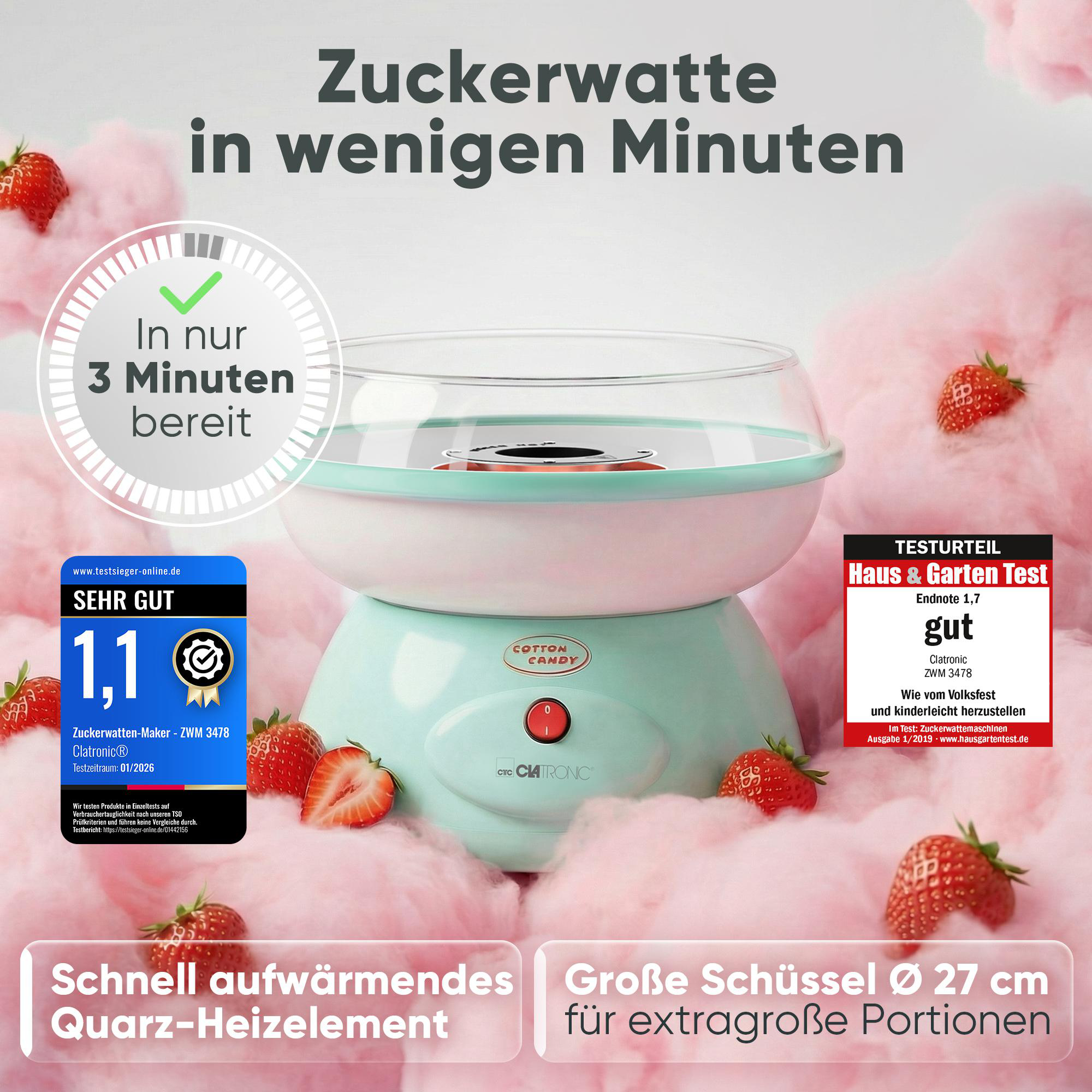 Zuckerwattemaschine in mintgrün und pink mit Erdbeeren und rosa Zuckerwatte.