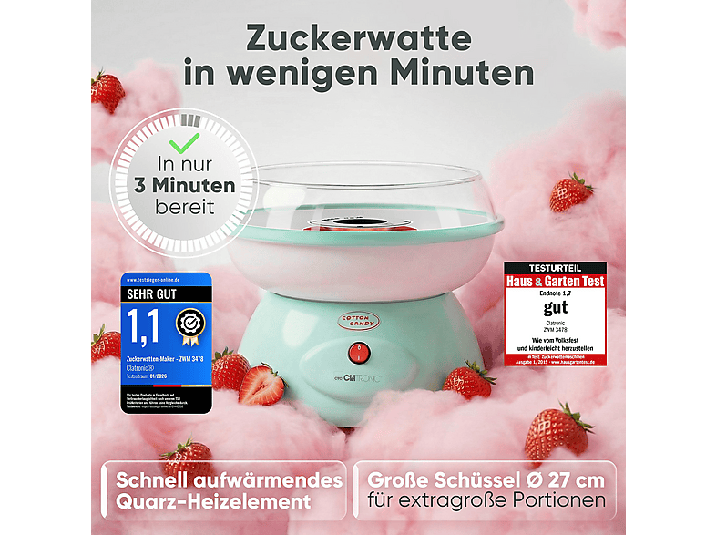 Clatronic ZWM 3478 Zuckerwattemaschine, Mint, 500 W, inkl. 10 Holzsstäbchen — Foto 3 von 5