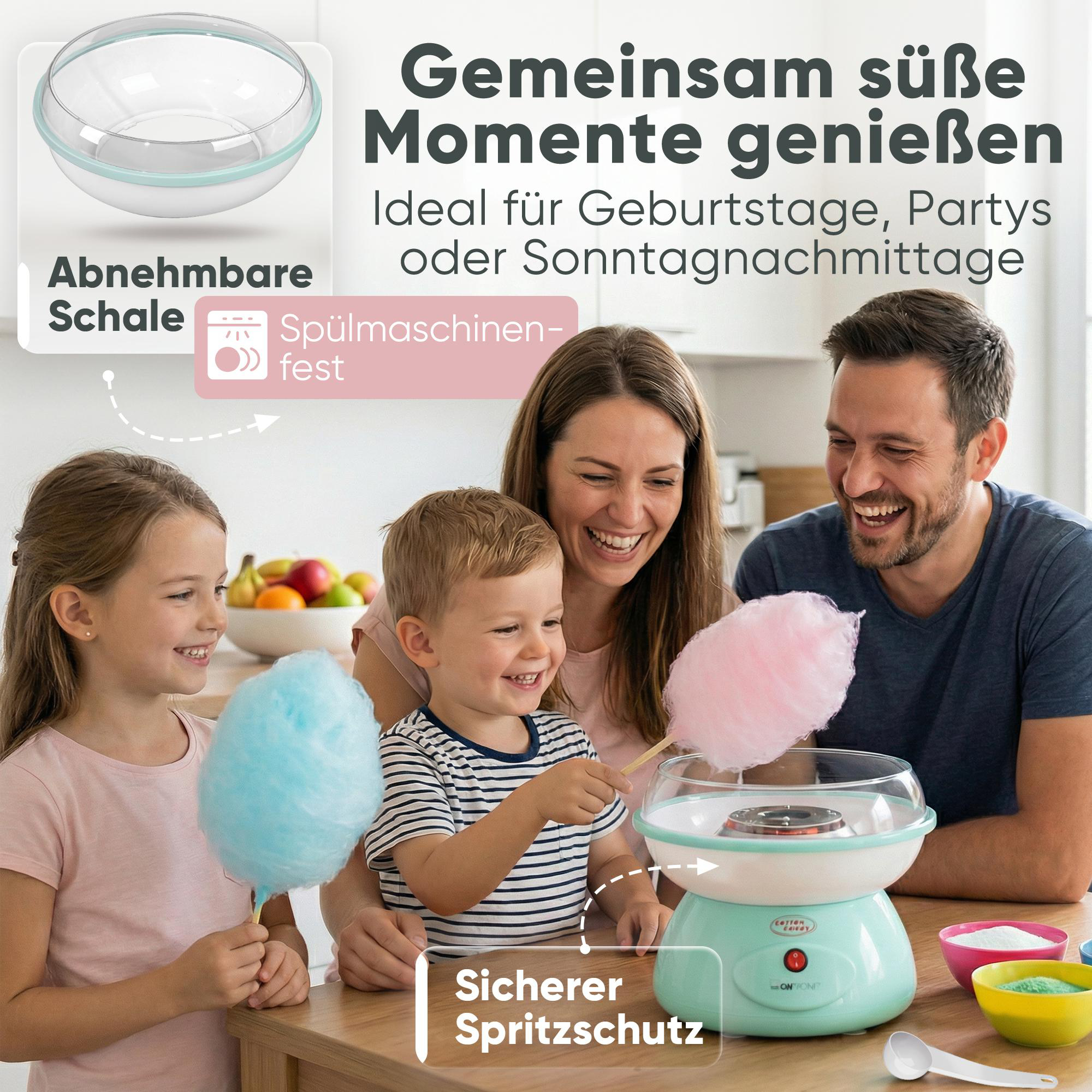 Familie macht Zuckerwatte mit einer Maschine. Schale ist abnehmbar und spülmaschinenfest.