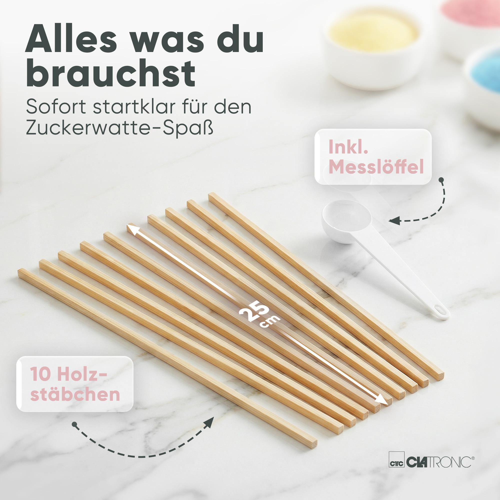 10 Holzstäbchen, 25cm lang, mit Messlöffel für Zuckerwatte.