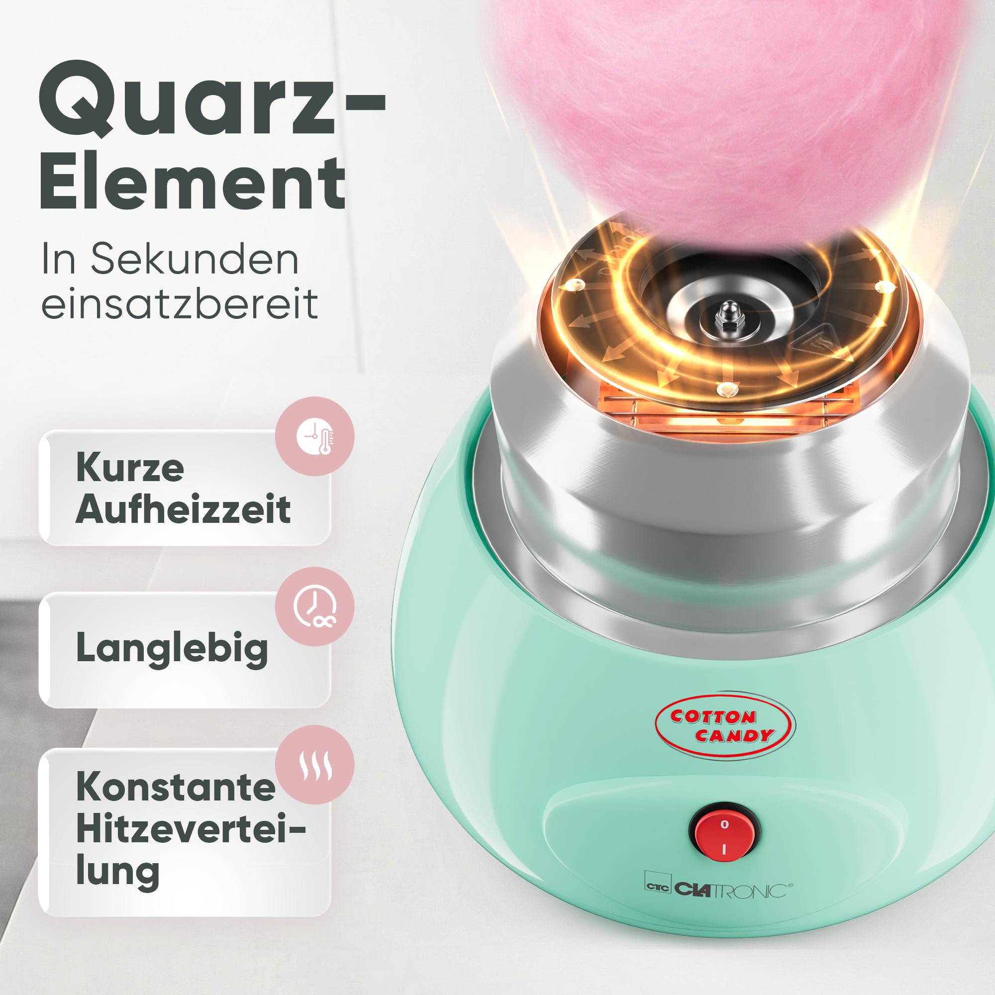Ein türkisfarbener Zuckerwattemaker mit rosa Zuckerwatte und leuchtendem Heizelement.
