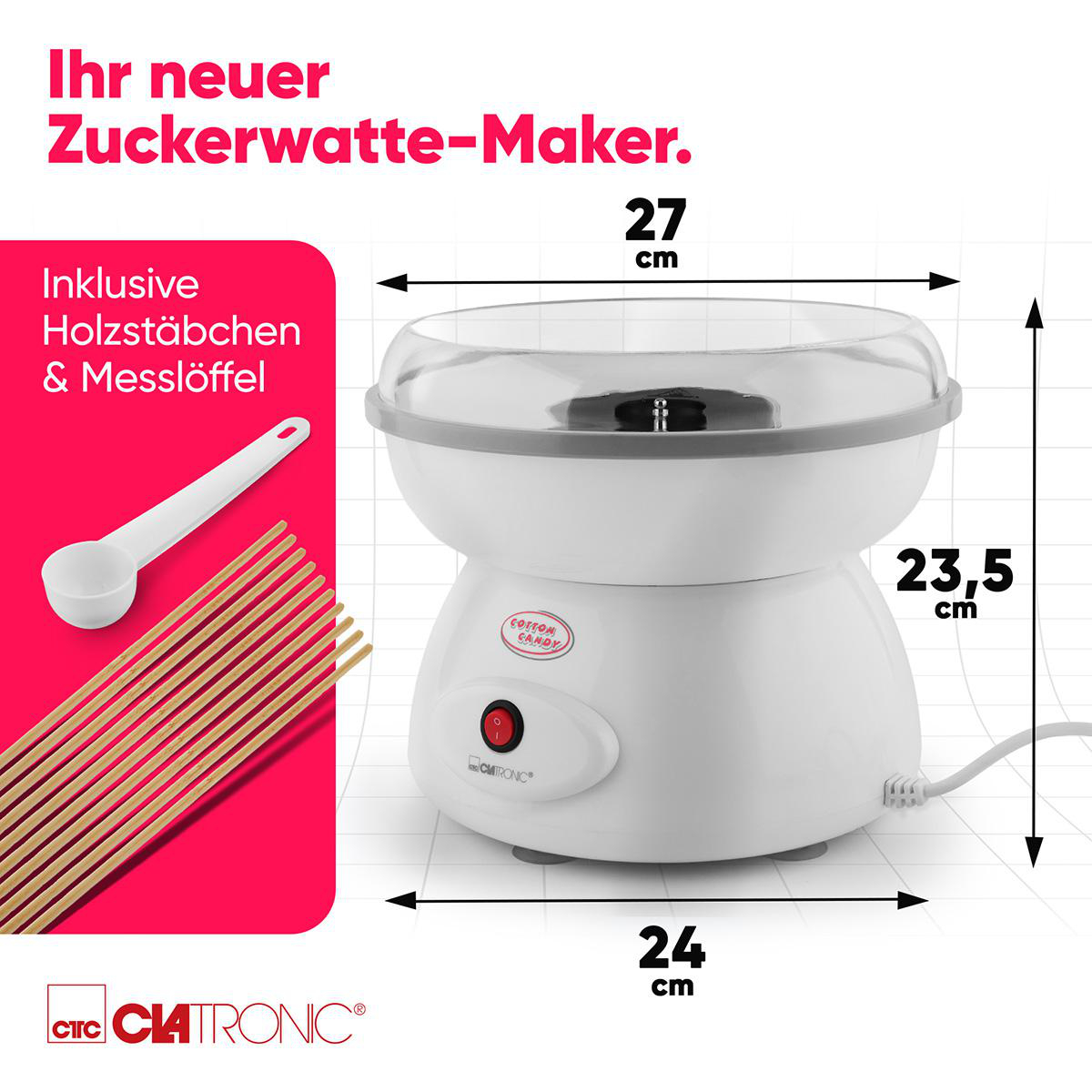 Ein weißer Zuckerwattemaker mit Holzstäbchen und Messlöffel. Maße: 27x24x23,5cm.