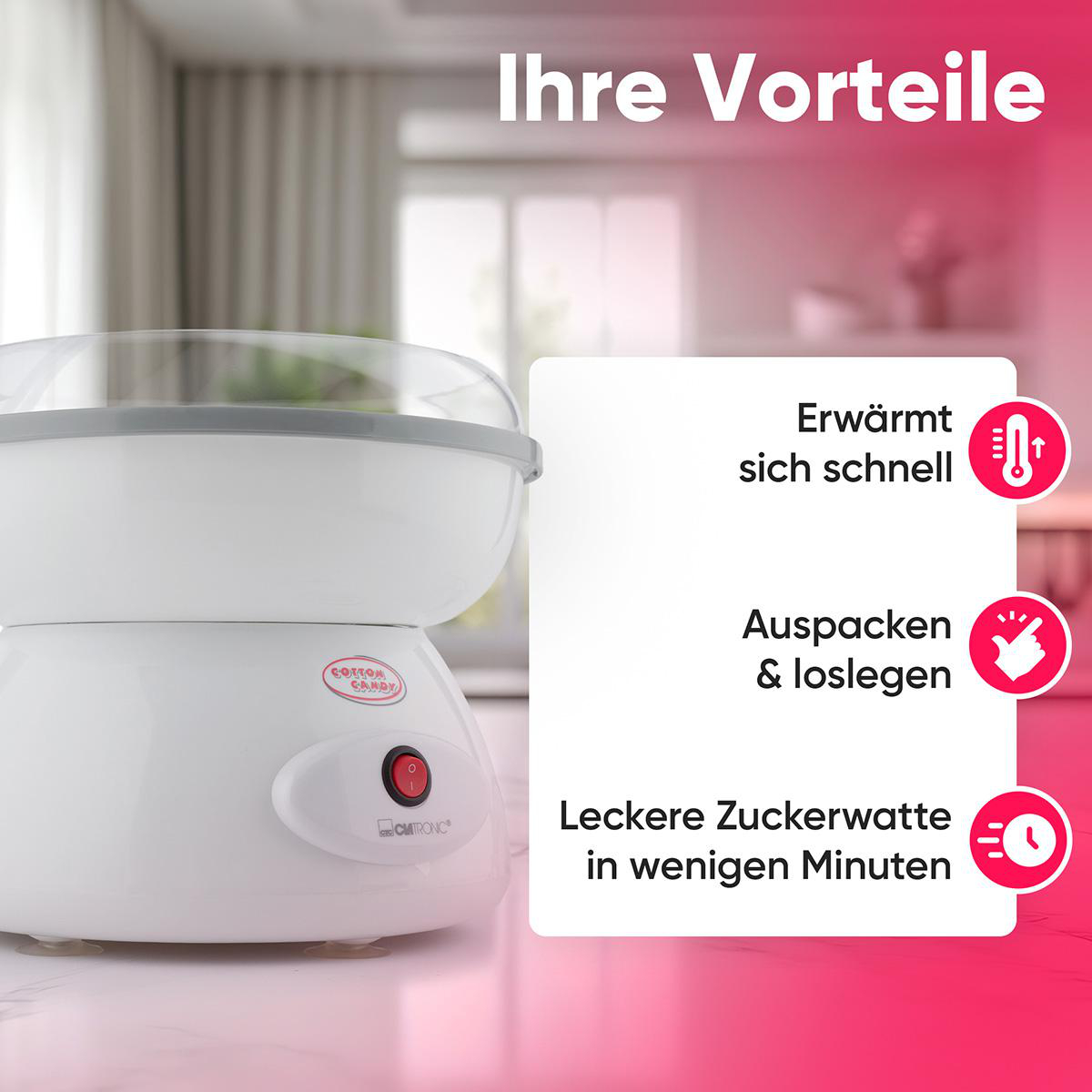 Weiße Zuckerwattemaschine von Clatronic mit rotem Knopf und Text.