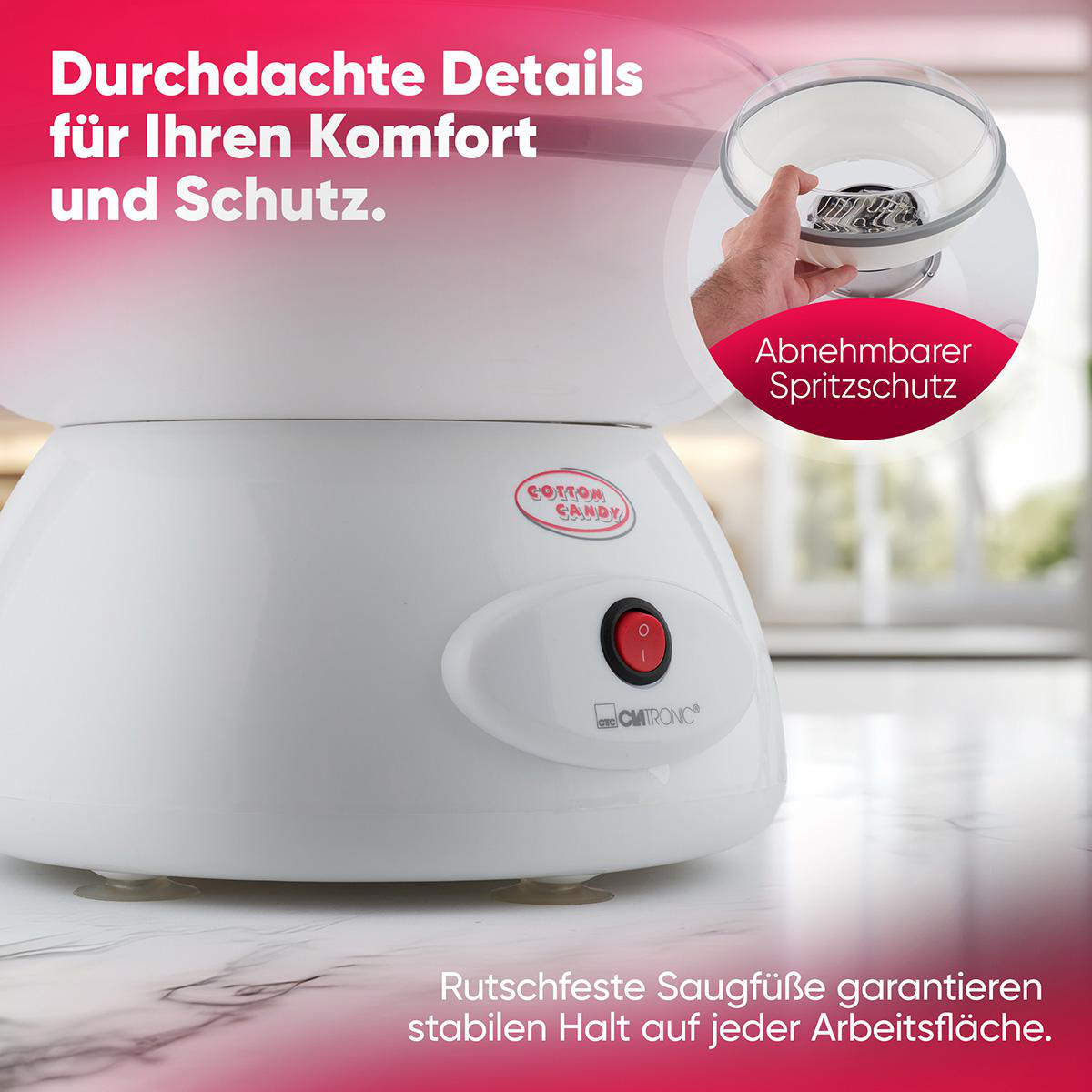 Weißer Zuckerwattemaker mit abnehmbarem Spritzschutz und rutschfesten Füßen.