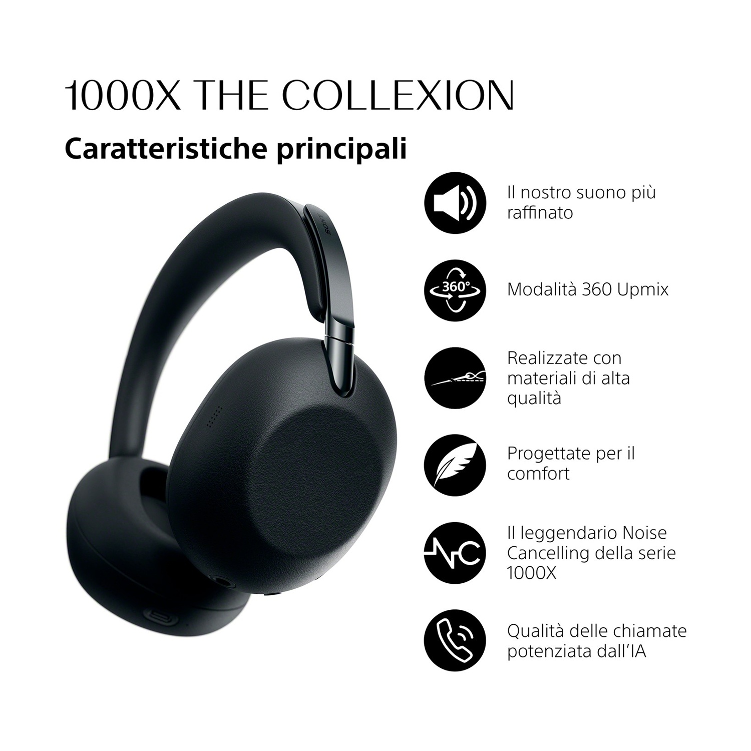 Cuffie nere con icone per suono, 360 Upmix, materiali, comfort, cancellazione rumore, chiamate.