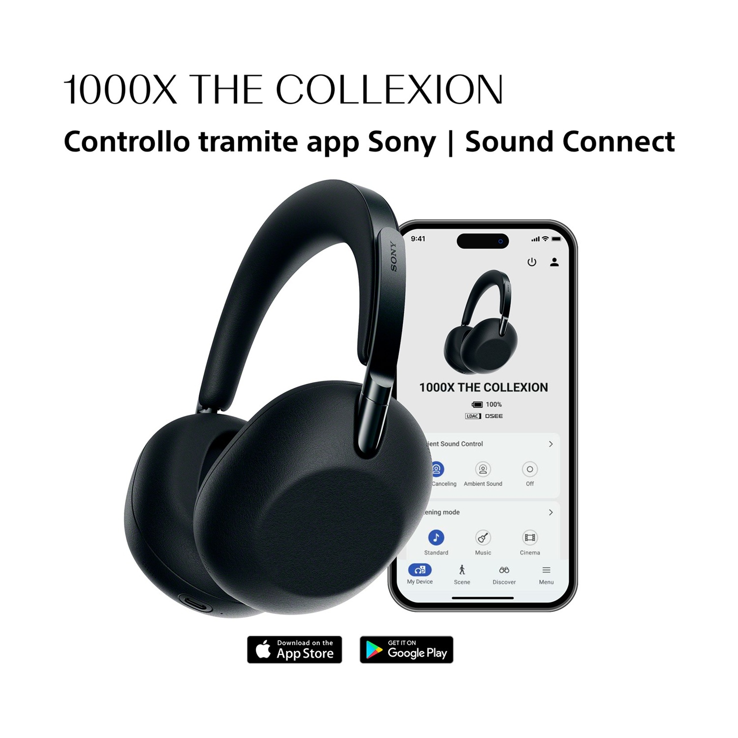 Cuffie Sony nere accanto a uno smartphone che mostra l'app Sony.