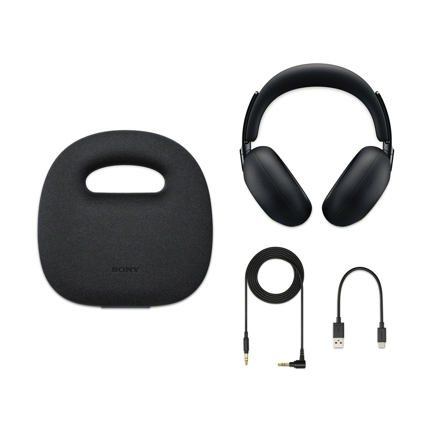 Cuffie Sony nere con accessori: custodia, cavo audio e cavo USB.