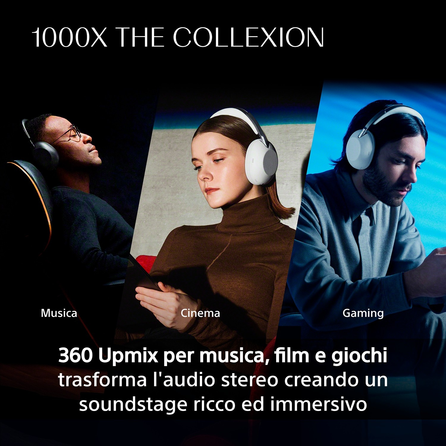 Tre persone con cuffie per musica, cinema, gaming. Testo su 360 Upmix.