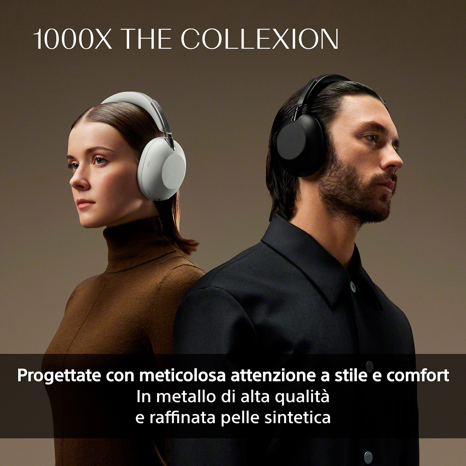Uomo e donna con cuffie su sfondo marrone. Testo in alto e in basso.