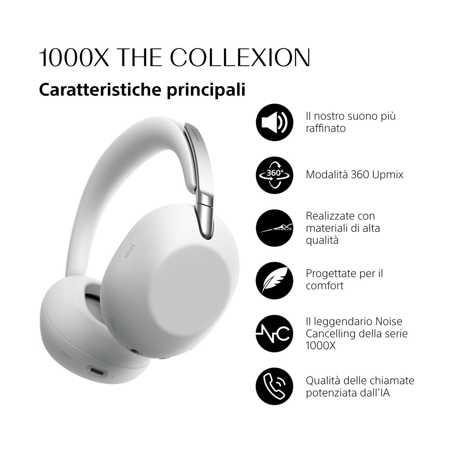 Cuffie bianche con testo su suono, 360 Upmix, materiali, comfort, cancellazione rumore, chiamate.