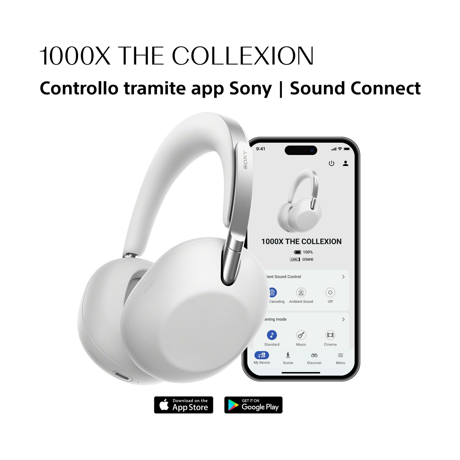 Cuffie Sony bianche accanto a uno smartphone che mostra l'app Sony Headphones Connect.