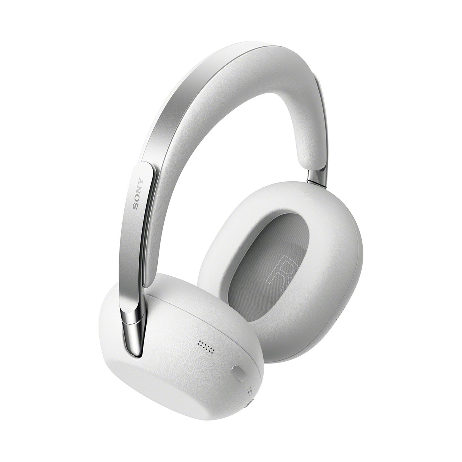 Cuffie bianche con accenti argentati e logo Sony su sfondo bianco.