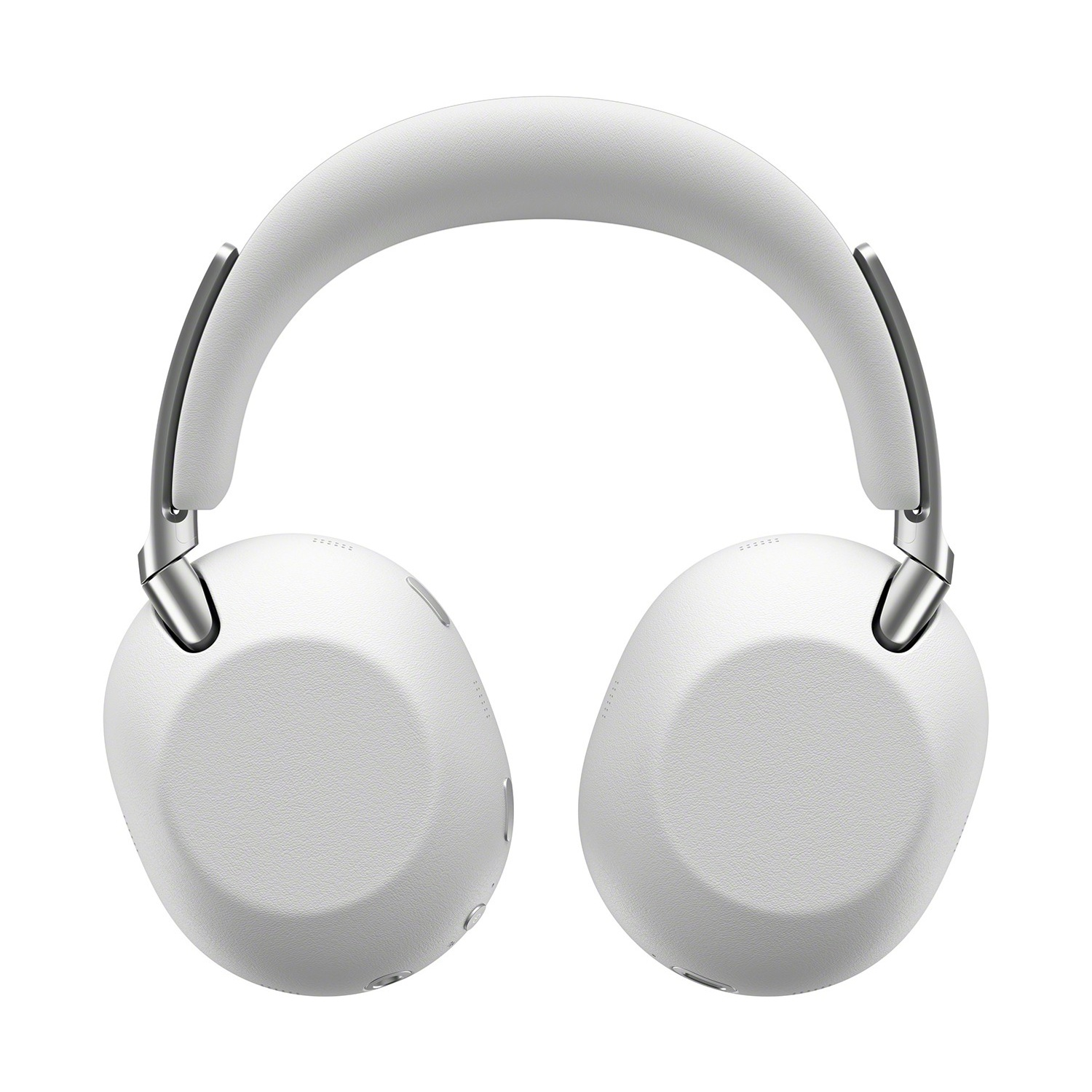 Cuffie over-ear bianche con accenti argentati, su sfondo bianco.