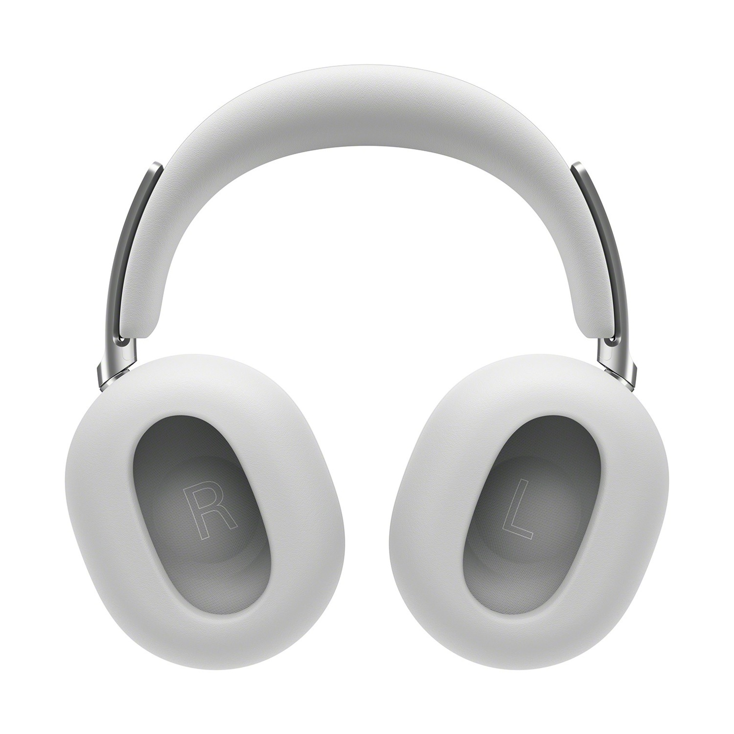 Cuffie bianche over-ear con accenti argentati e archetto imbottito. Marchi L/R.