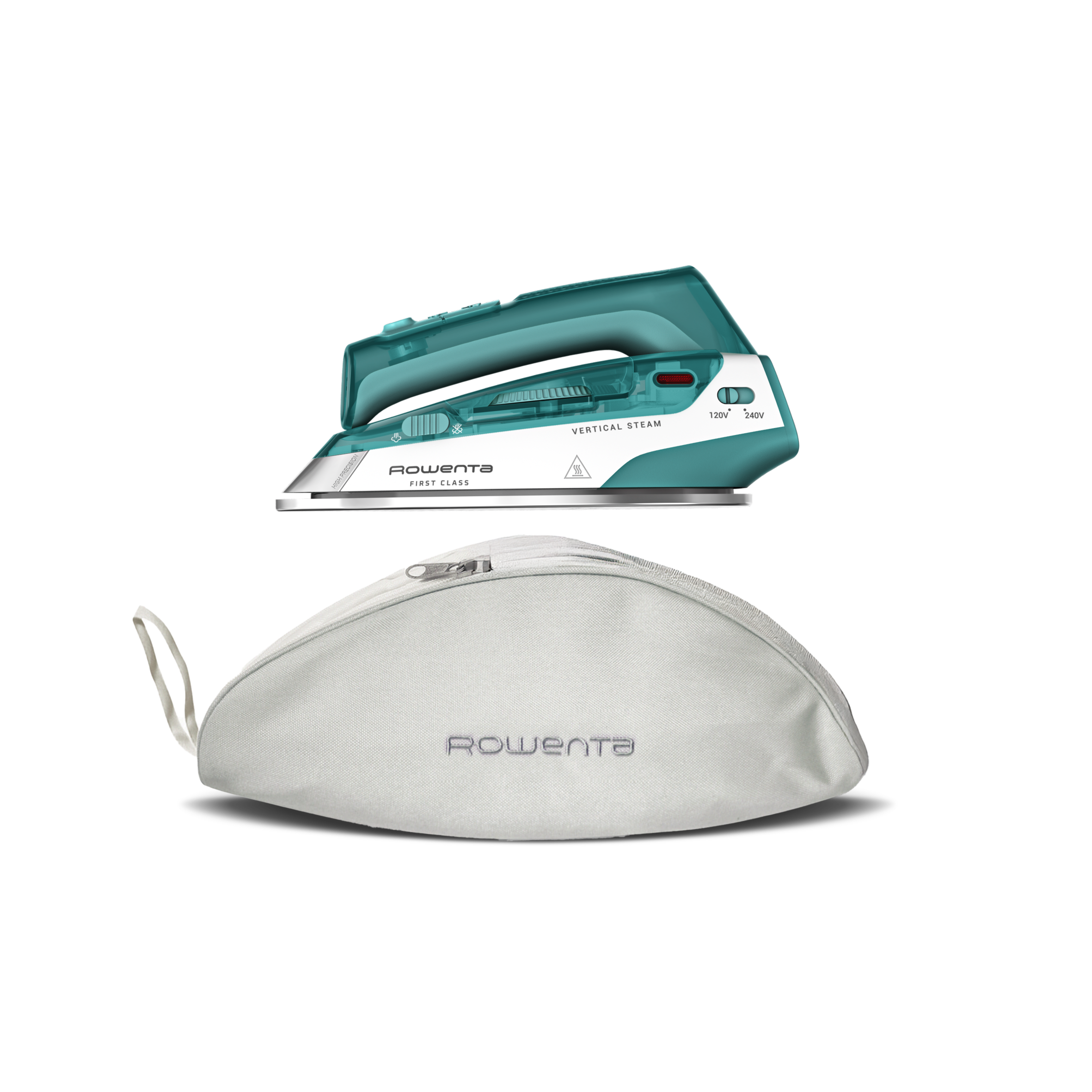 Una plancha de vapor Rowenta turquesa y una bolsa de viaje gris.
