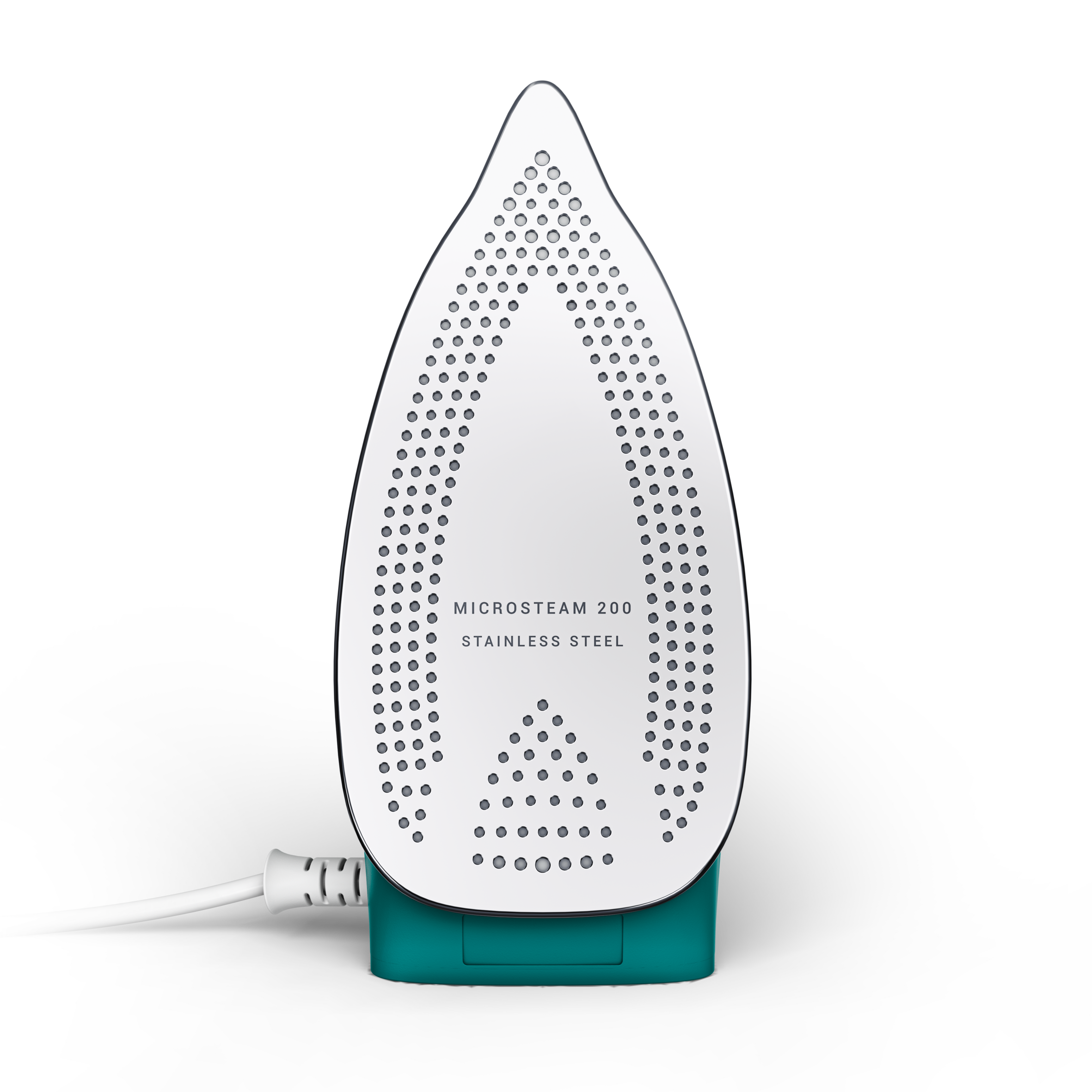Placa de hierro blanca con ventilaciones, base turquesa y cable blanco.