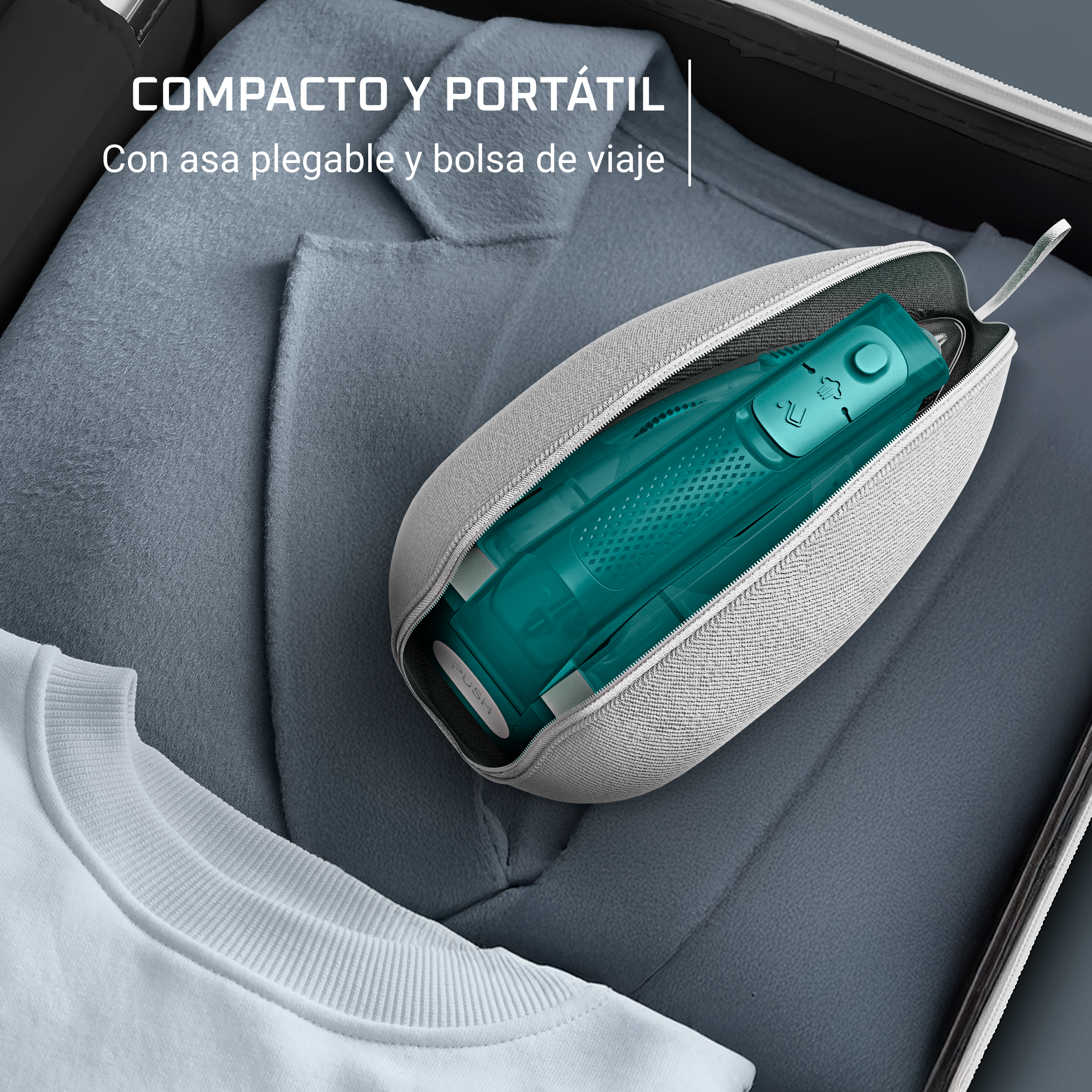 Compacto y portatil. Con asa plegable y bolsa de viaje.