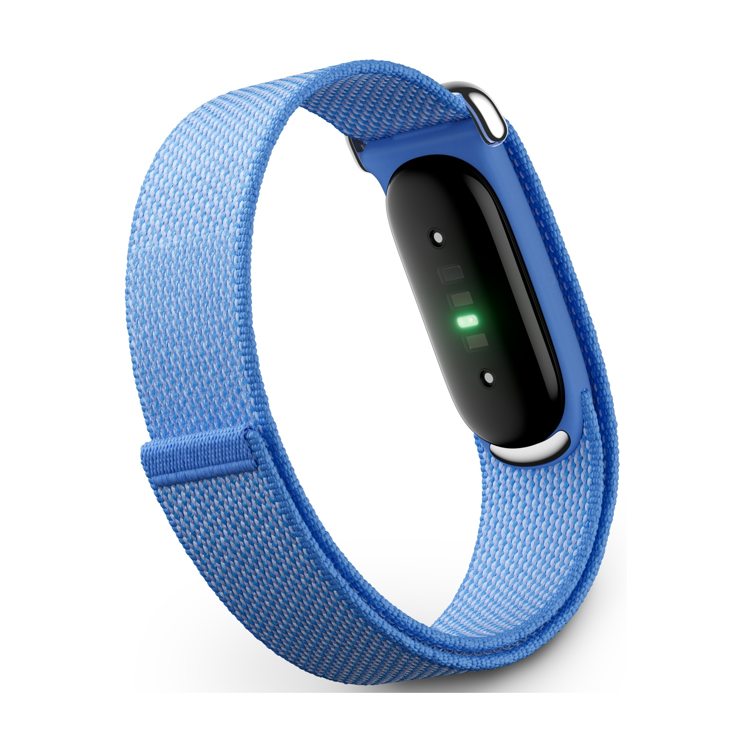 Un fitness braccialetto blu con schermo nero che mostra luci verdi.