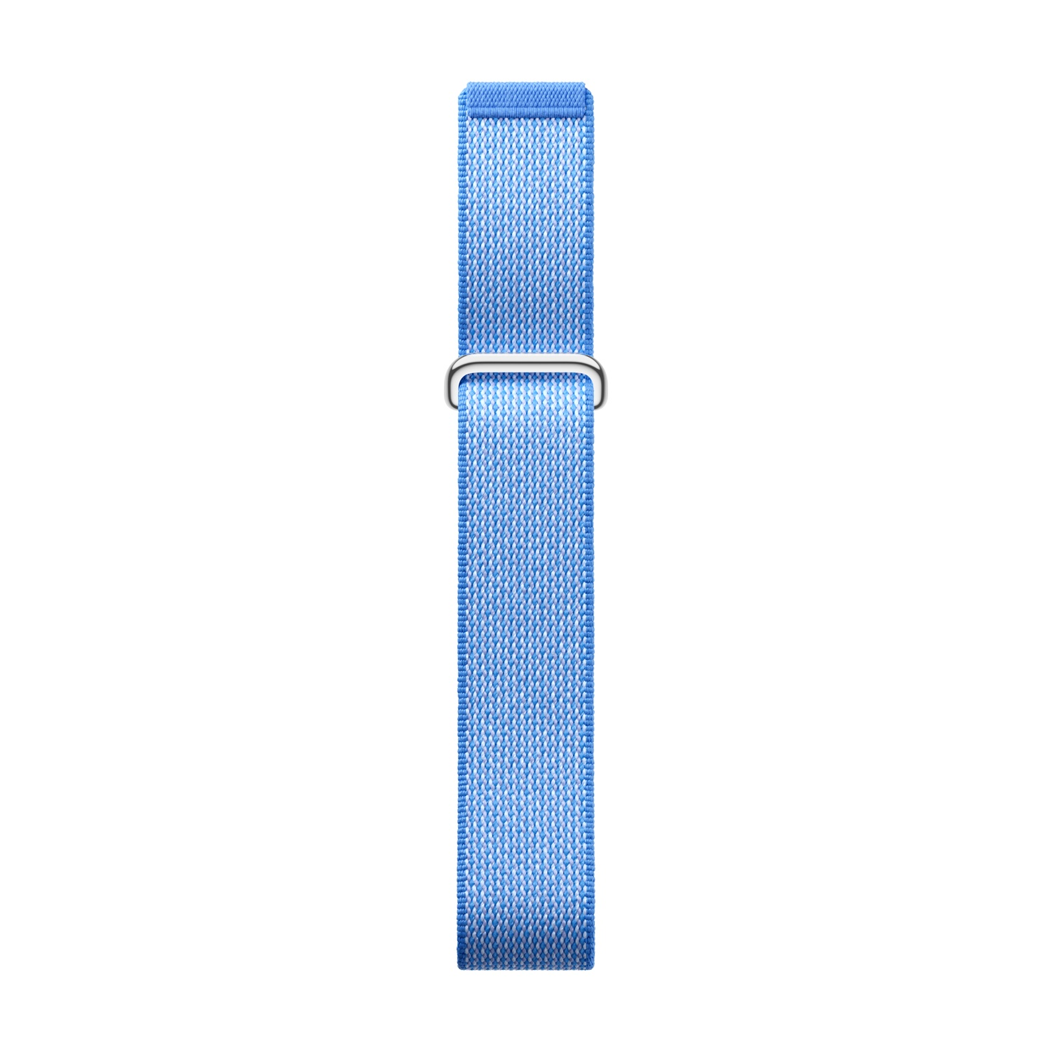 Cinturino in tessuto blu con fibbia argento, isolato su bianco.