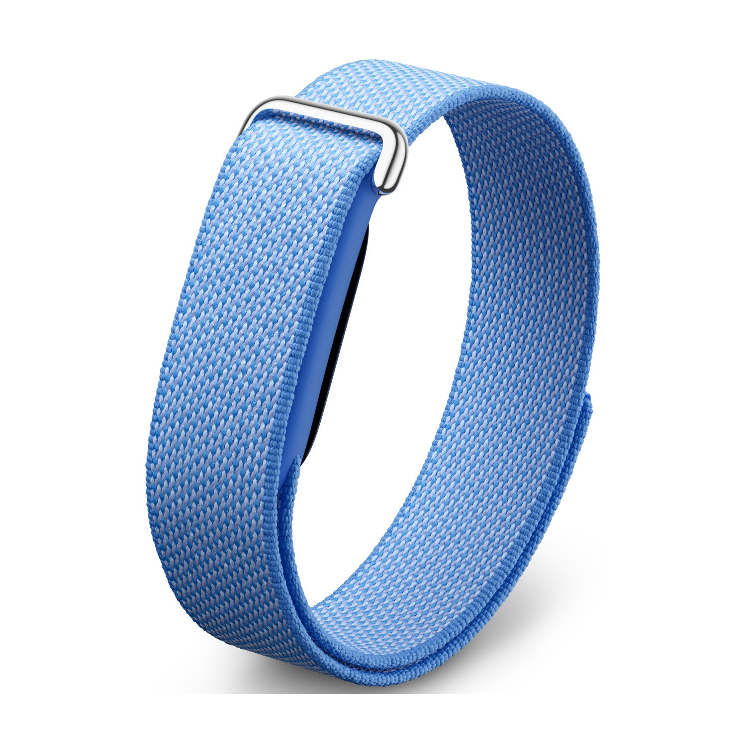 Un braccialetto intrecciato azzurro con fibbia argentata, avvolto attorno a un dispositivo blu.