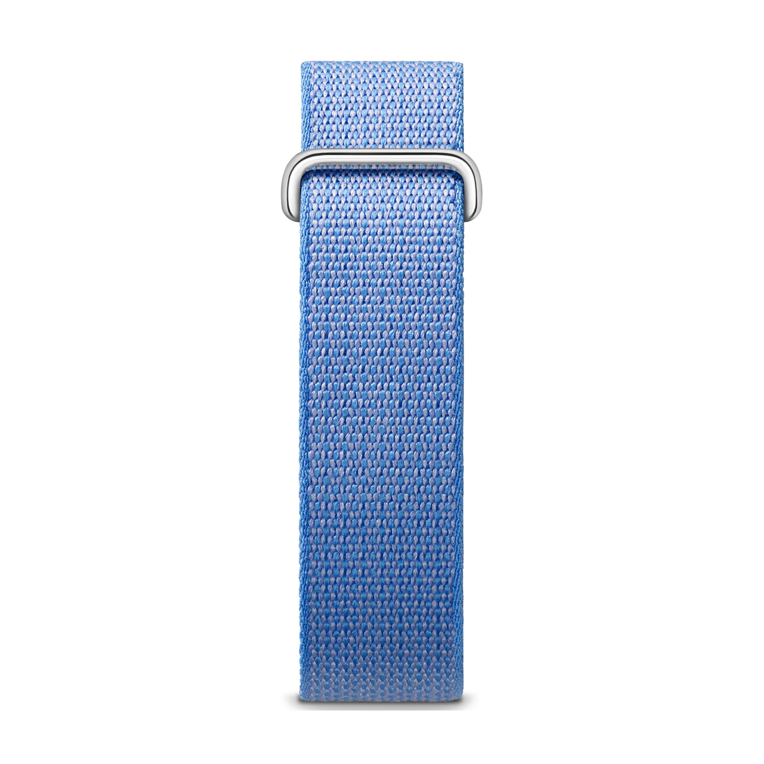 Cinturino per orologio in tessuto blu con fibbia argentata su sfondo bianco.