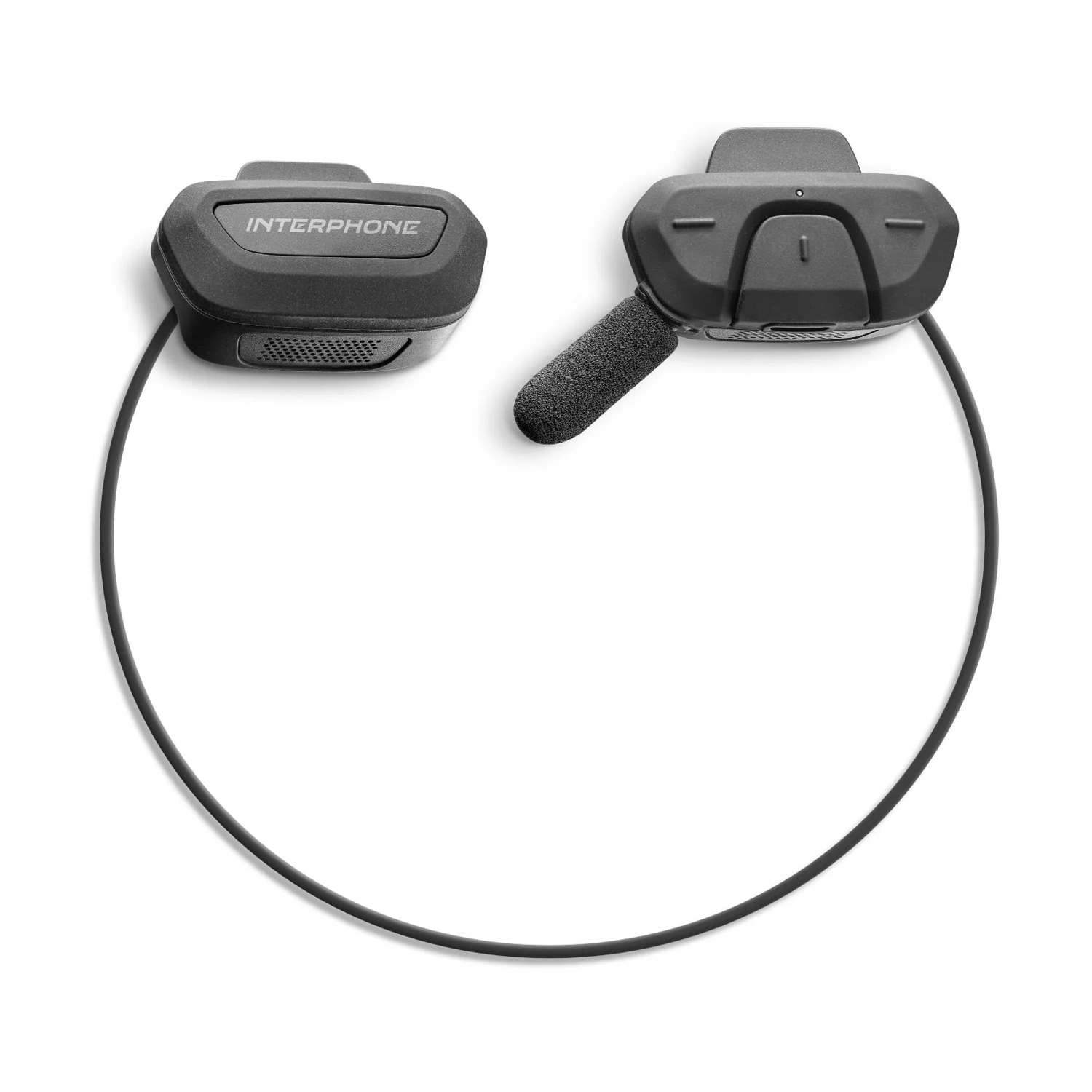 Un auricolare Intercom nero con microfono e altoparlante su sfondo bianco.