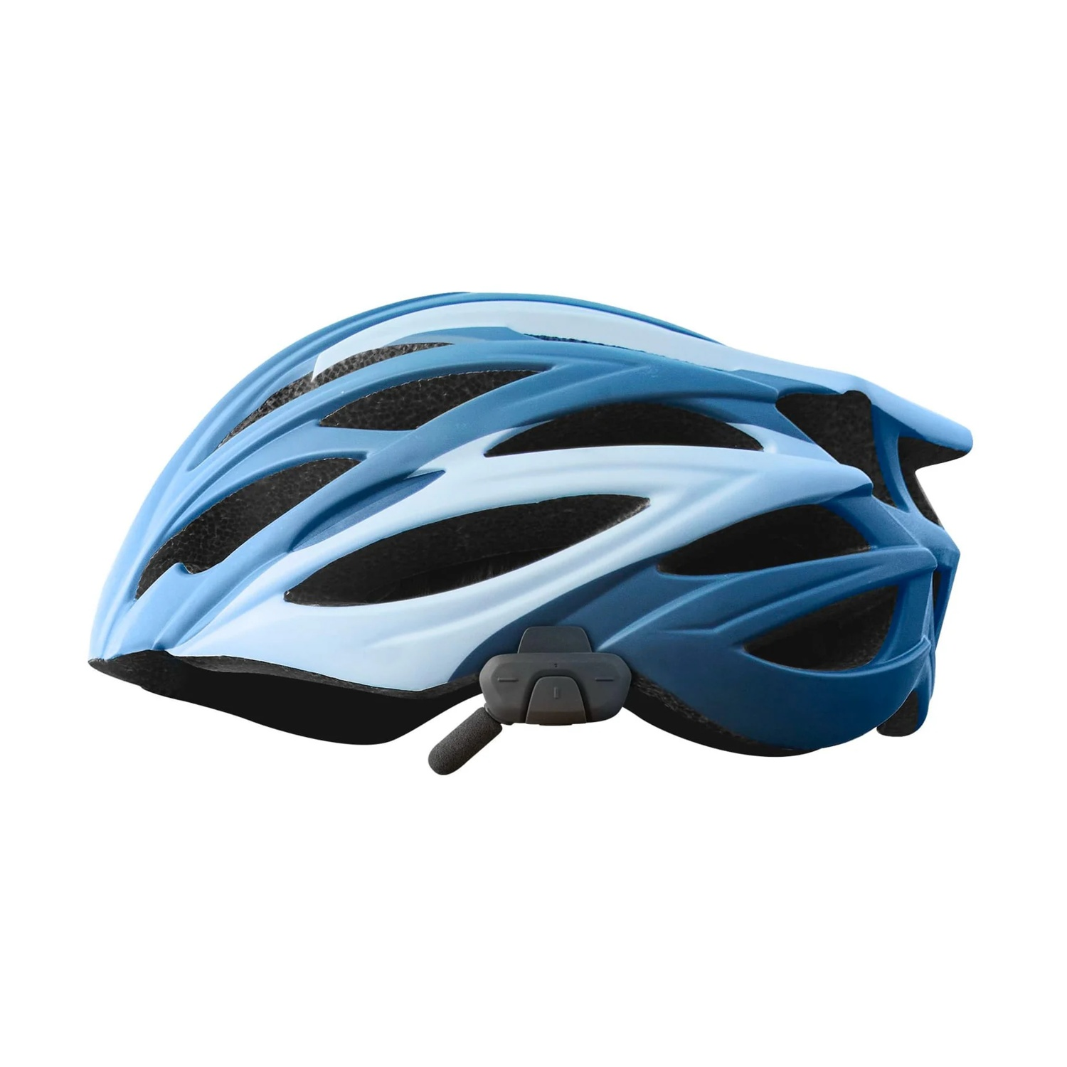 Casco da bicicletta blu con sfumatura bianca e fessure di ventilazione.