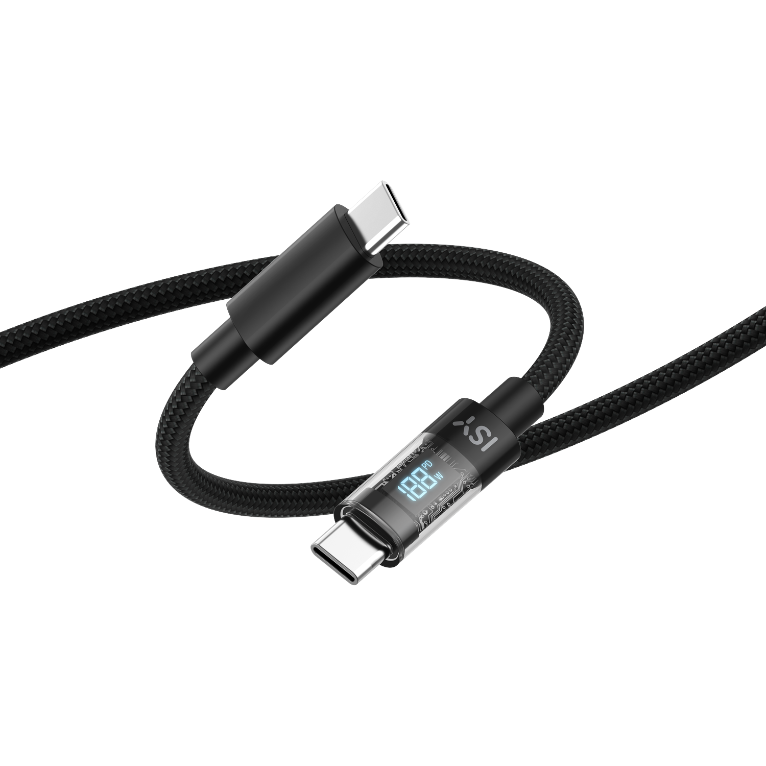 Zwarte USB-C kabel met digitale watt-indicator en zilveren connectoren.