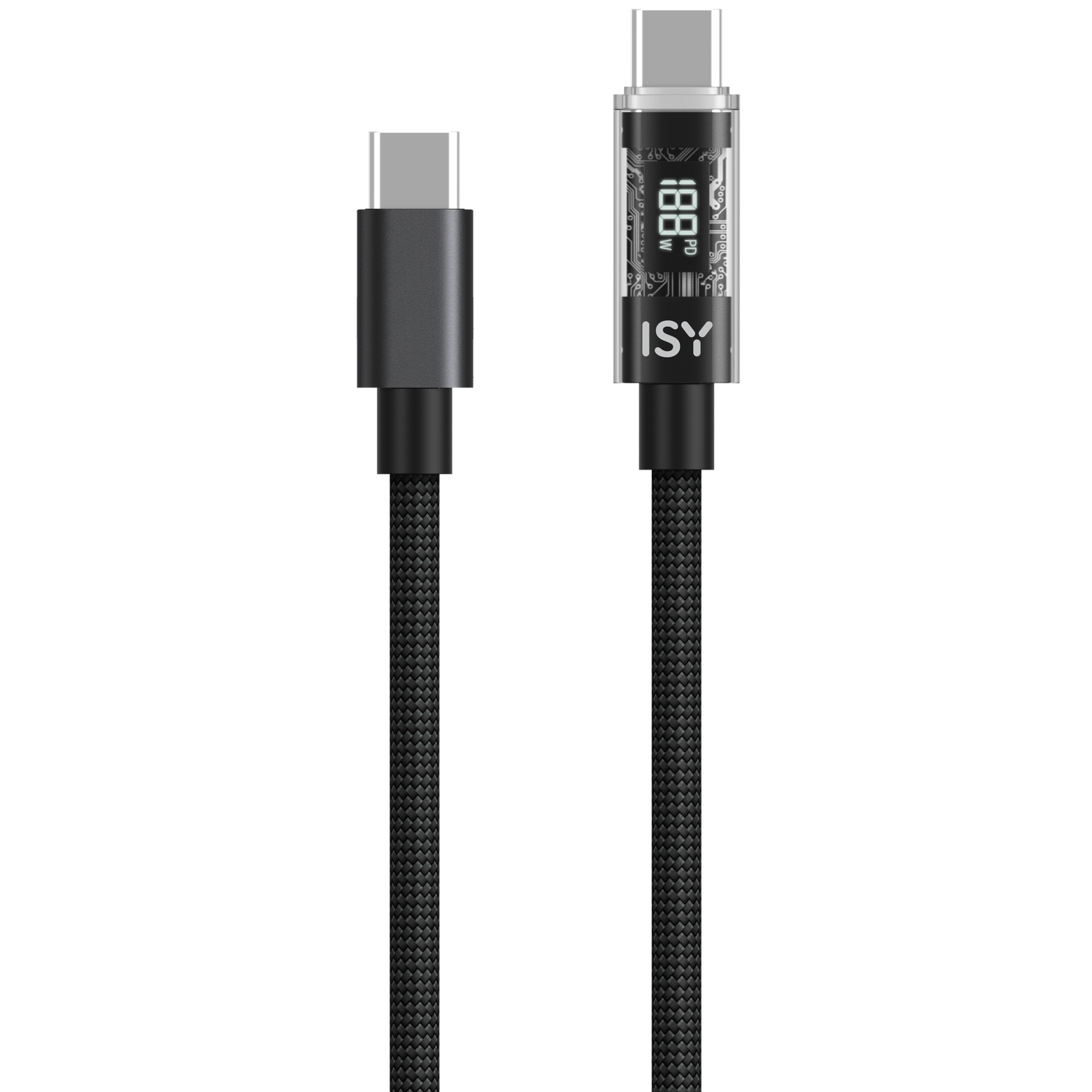 Twee zwarte USB-C kabels met zilveren connectoren. Eén heeft een digitaal display.