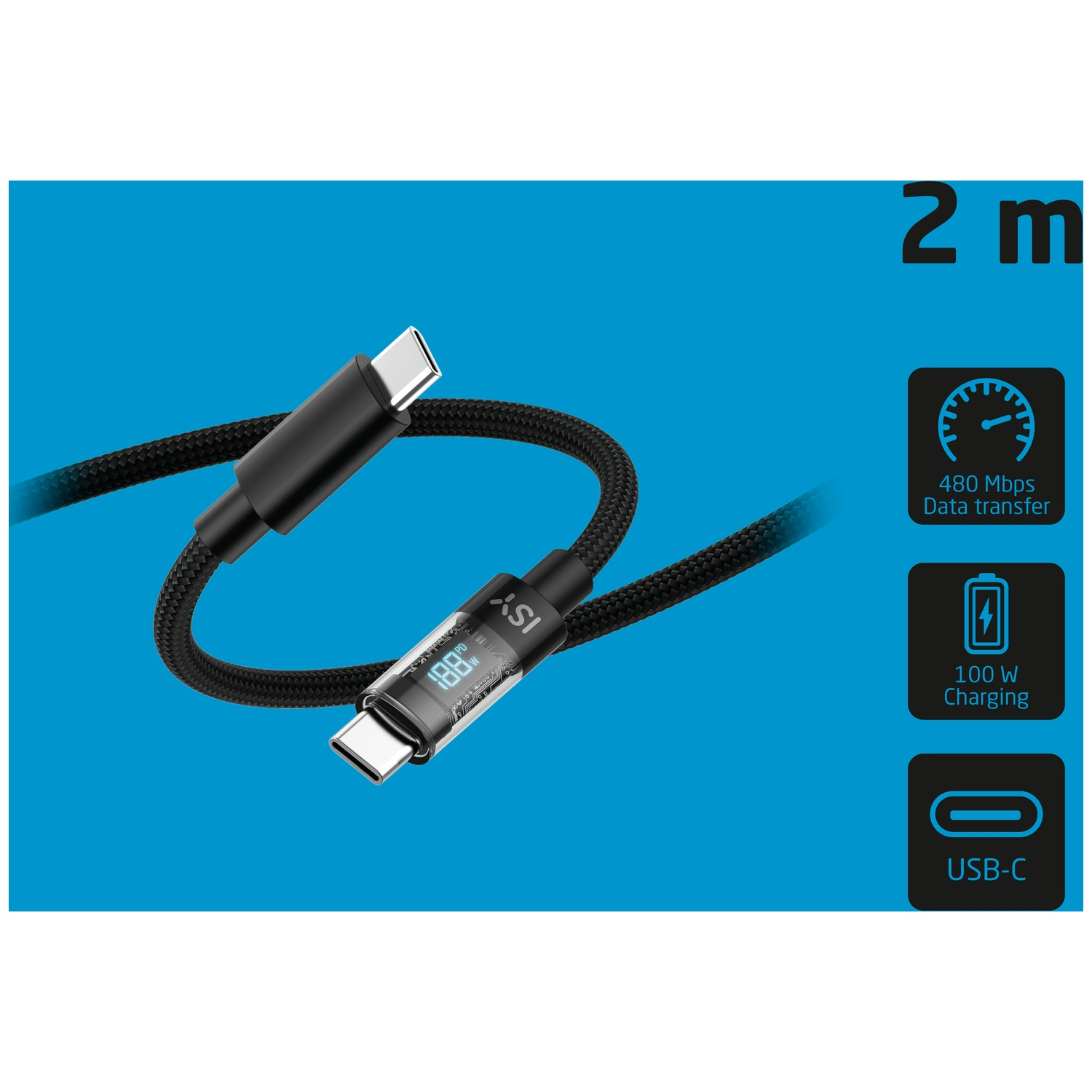 Zwarte USB-C kabel met digitaal display, 2m lengte, 480 Mbps, 100W laden.