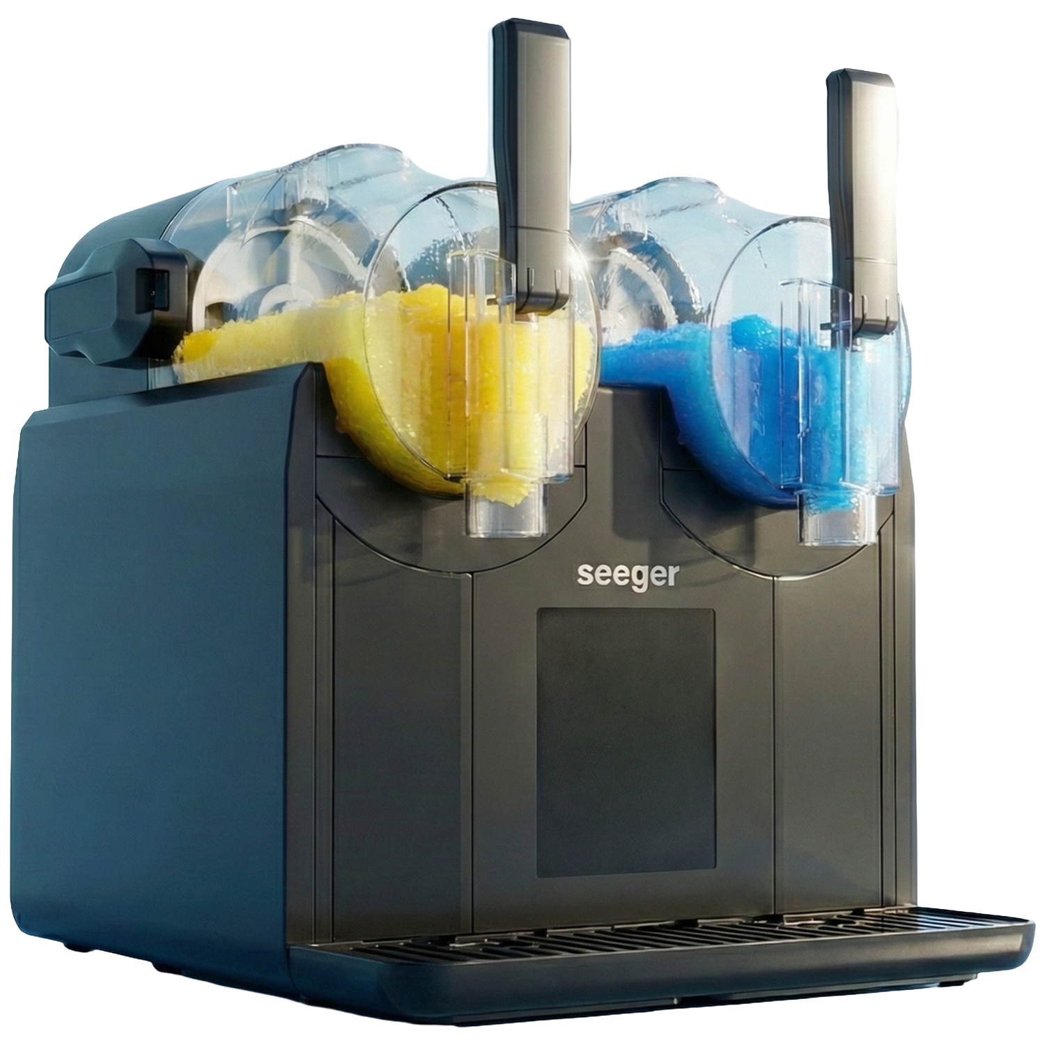 Dubbele slush machine met geel en blauw ijs, zwarte basis.