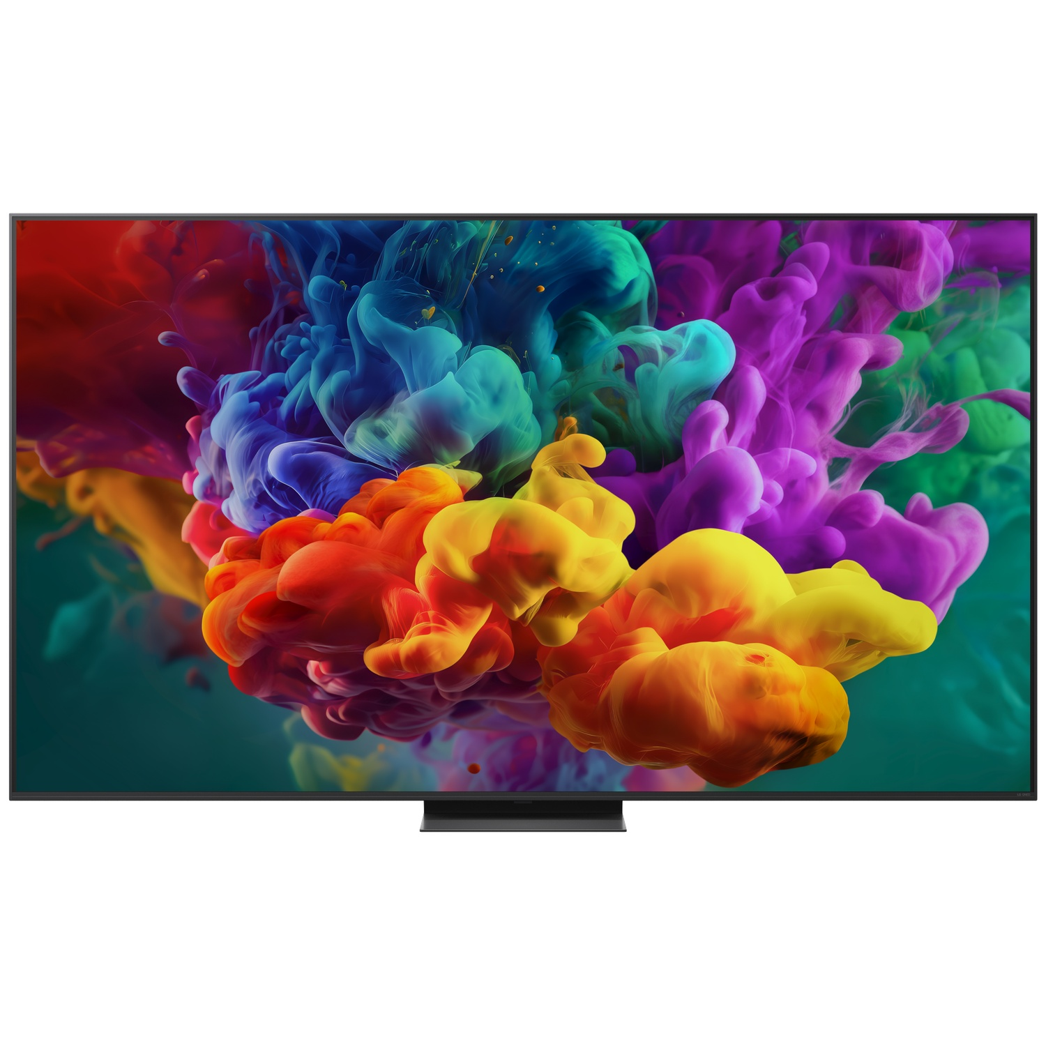 Une télévision moderne affiche des nuages de fumée colorés en rouge, orange, jaune, bleu et violet.