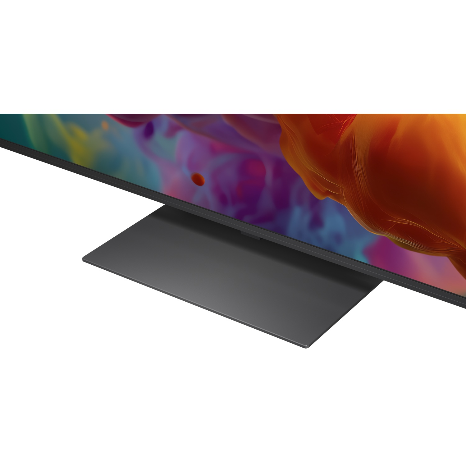 Gros plan d'un téléviseur moderne avec un support sombre et un écran de fond abstrait vibrant.