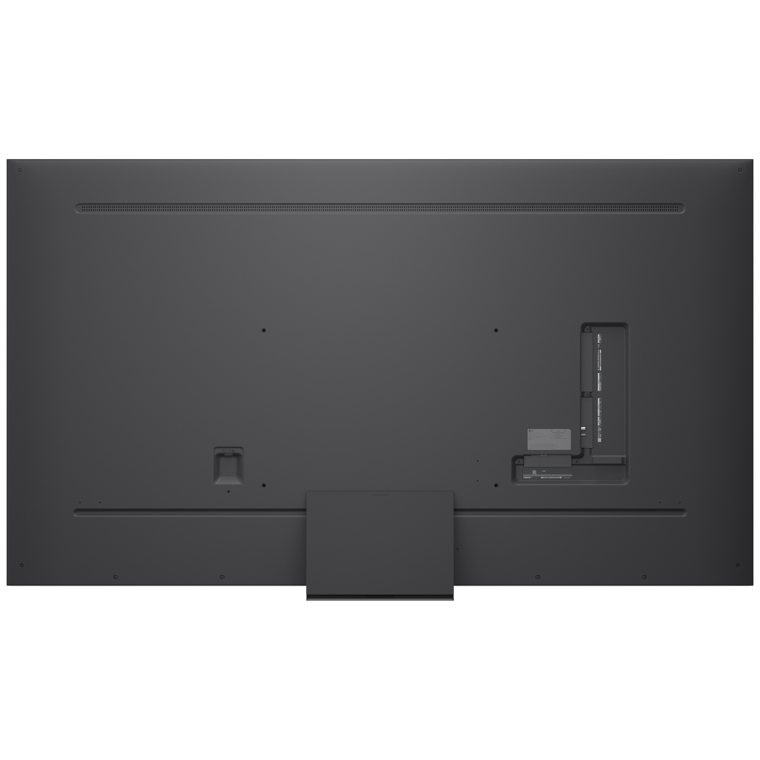 Arrière d'une TV sombre avec ports et aérations visibles. Design épuré.