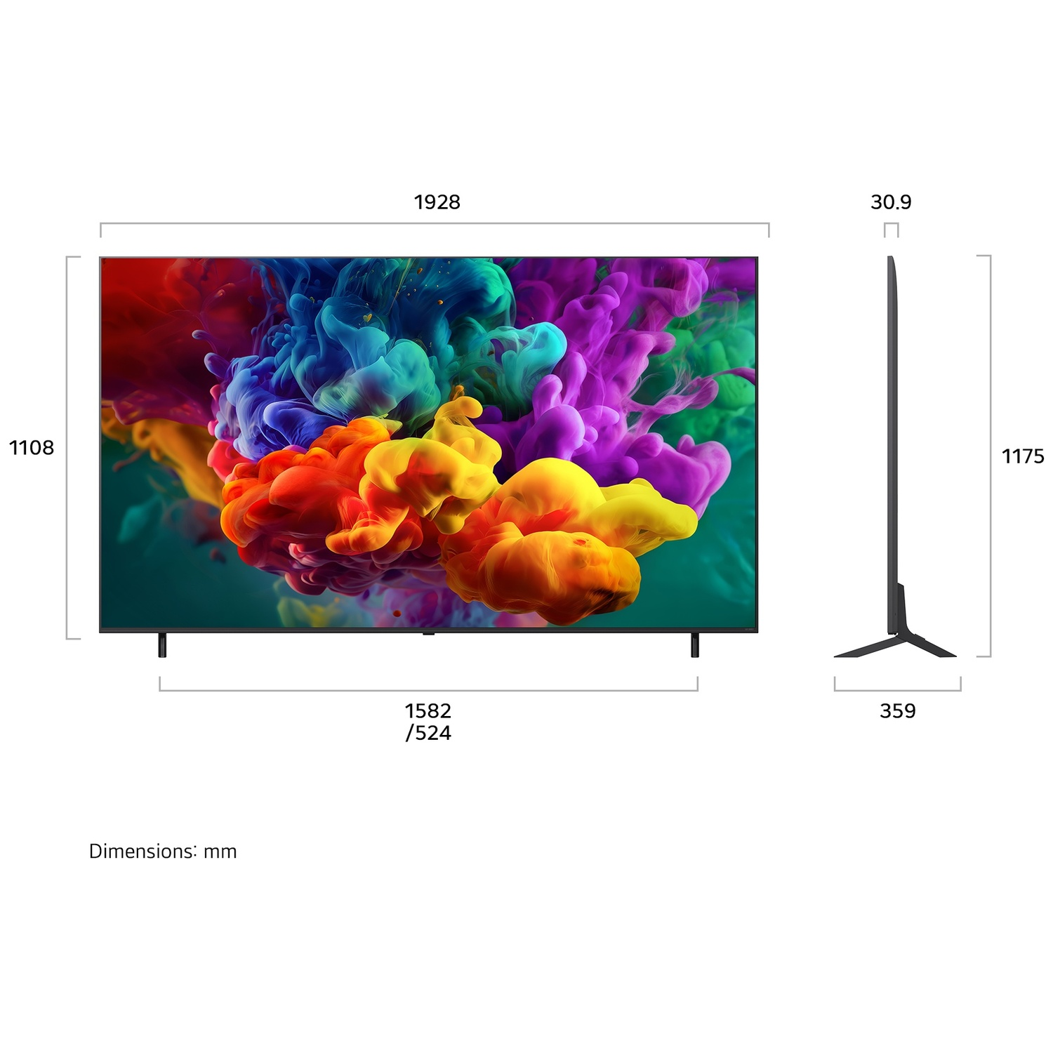 Un téléviseur moderne affichant des nuages de fumée colorés, avec vue latérale et dimensions.