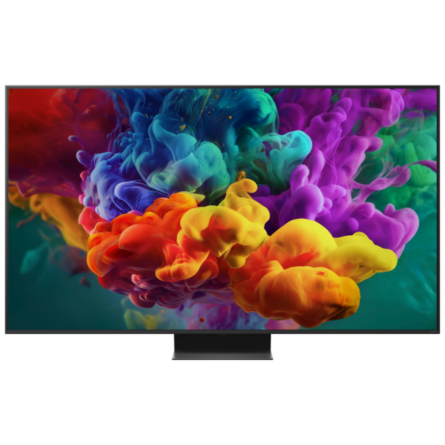 Un téléviseur noir affiche des nuages de fumée colorés en rouge, orange, jaune, bleu et violet.