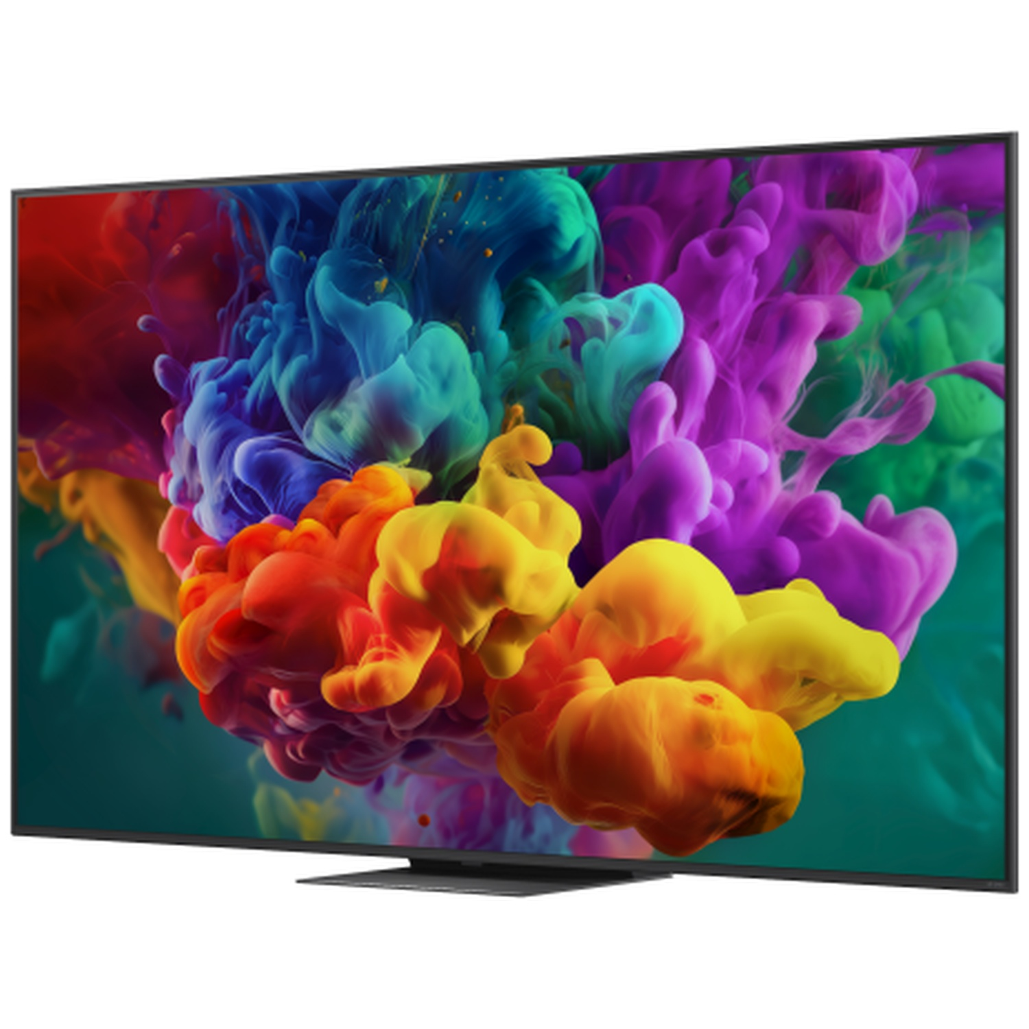 Une télévision à écran plat affiche une image abstraite vibrante de fumée colorée.