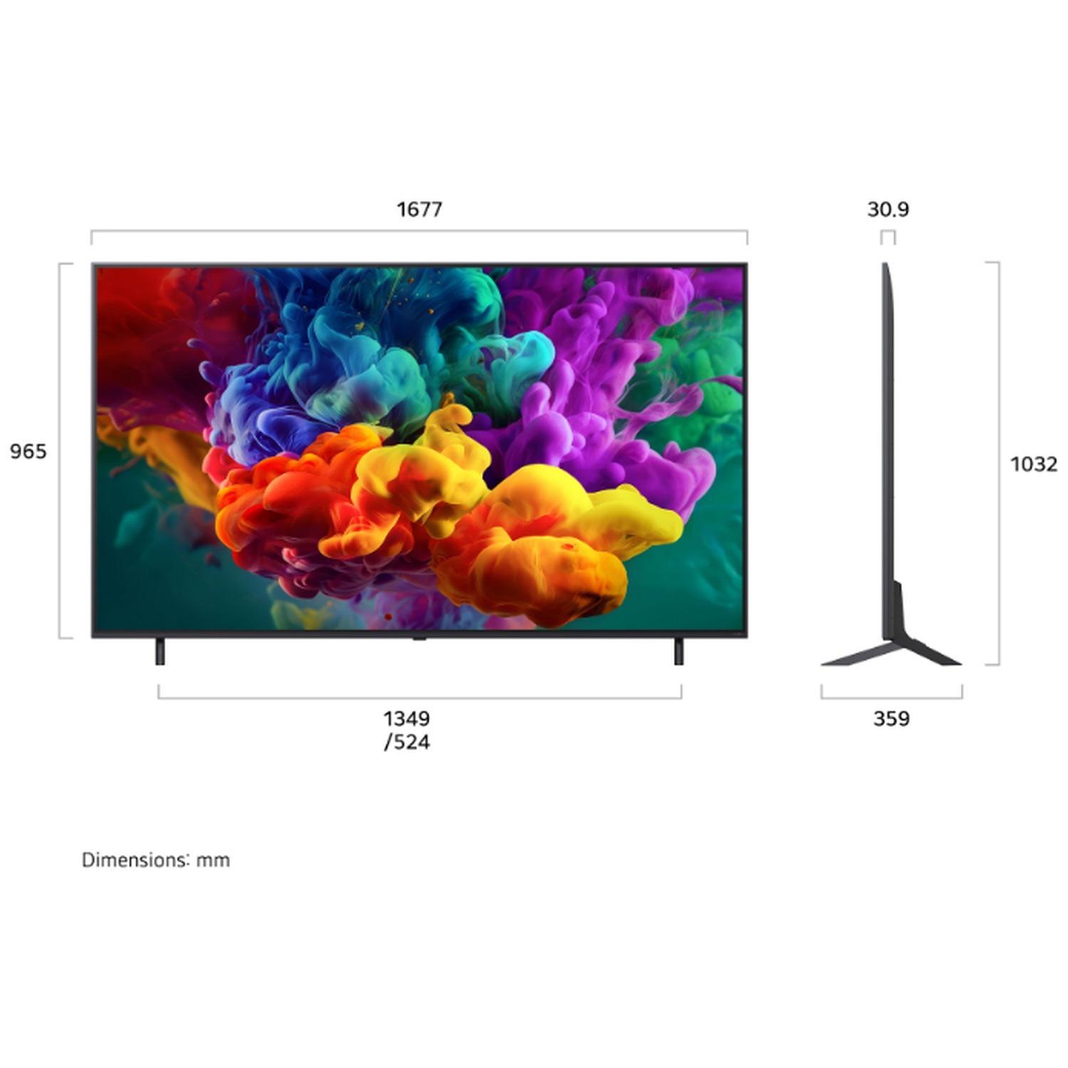 Une TV moderne affichant des nuages de fumée colorés avec dimensions indiquées.